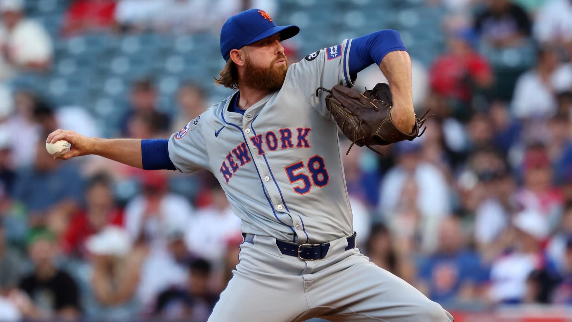 Aug 2, 2024; Anaheim, California, USA; New York Mets starting pitcher Paul Blackburn (58) pitches during the first inning against the Los Angeles Angels at Angel Stadium. 