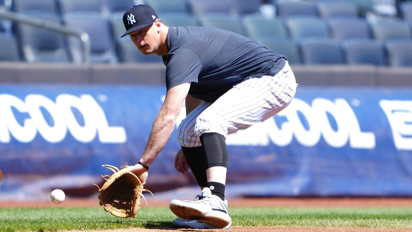 Apr 22, 2024; Bronx, New York, USA; New York Yankees third baseman DJ LeMahieu (26) takes infield practice before a game against the Oakland Athletics at Yankee Stadium.