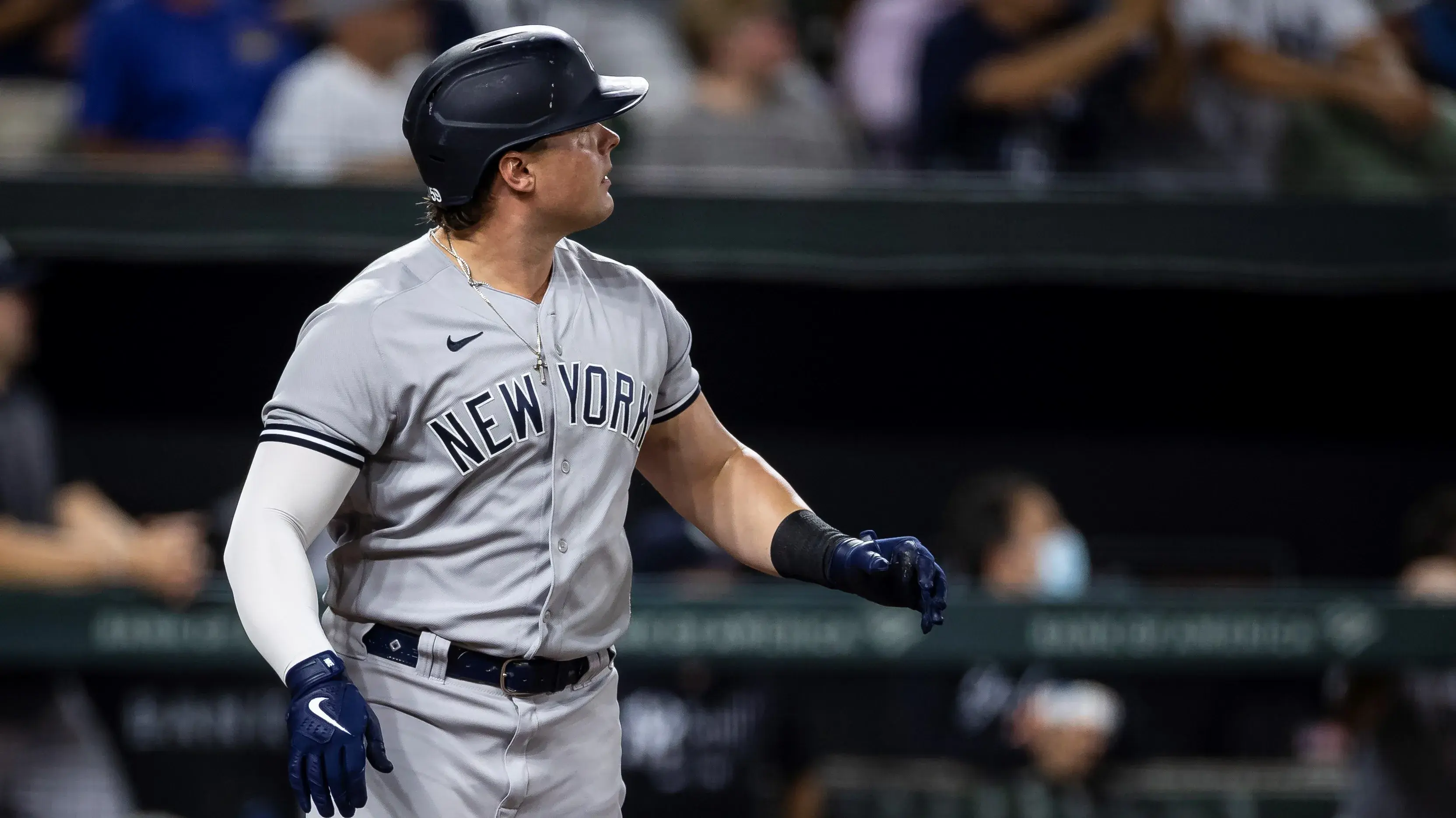 Sep 14, 2021; Baltimore, Maryland, USA; New York Yankees designated hitter Luke Voit (59) watches his home run against the Baltimore Orioles during the third inning at Oriole Park at Camden Yards. Mandatory Credit: Scott Taetsch-USA TODAY Sports / Scott Taetsch-USA TODAY Sports