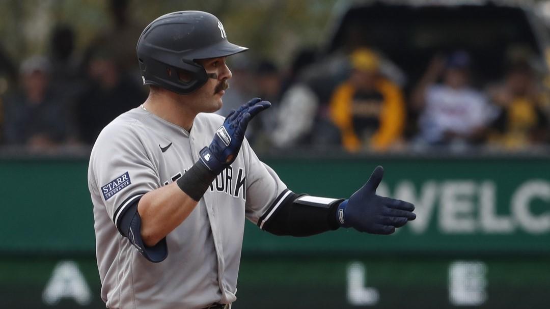 Sep 17, 2023; Pittsburgh, Pennsylvania, USA; New York Yankees catcher Austin Wells (88) reacts at second base after hitting a double against the Pittsburgh Pirates during the ninth inning at PNC Park.