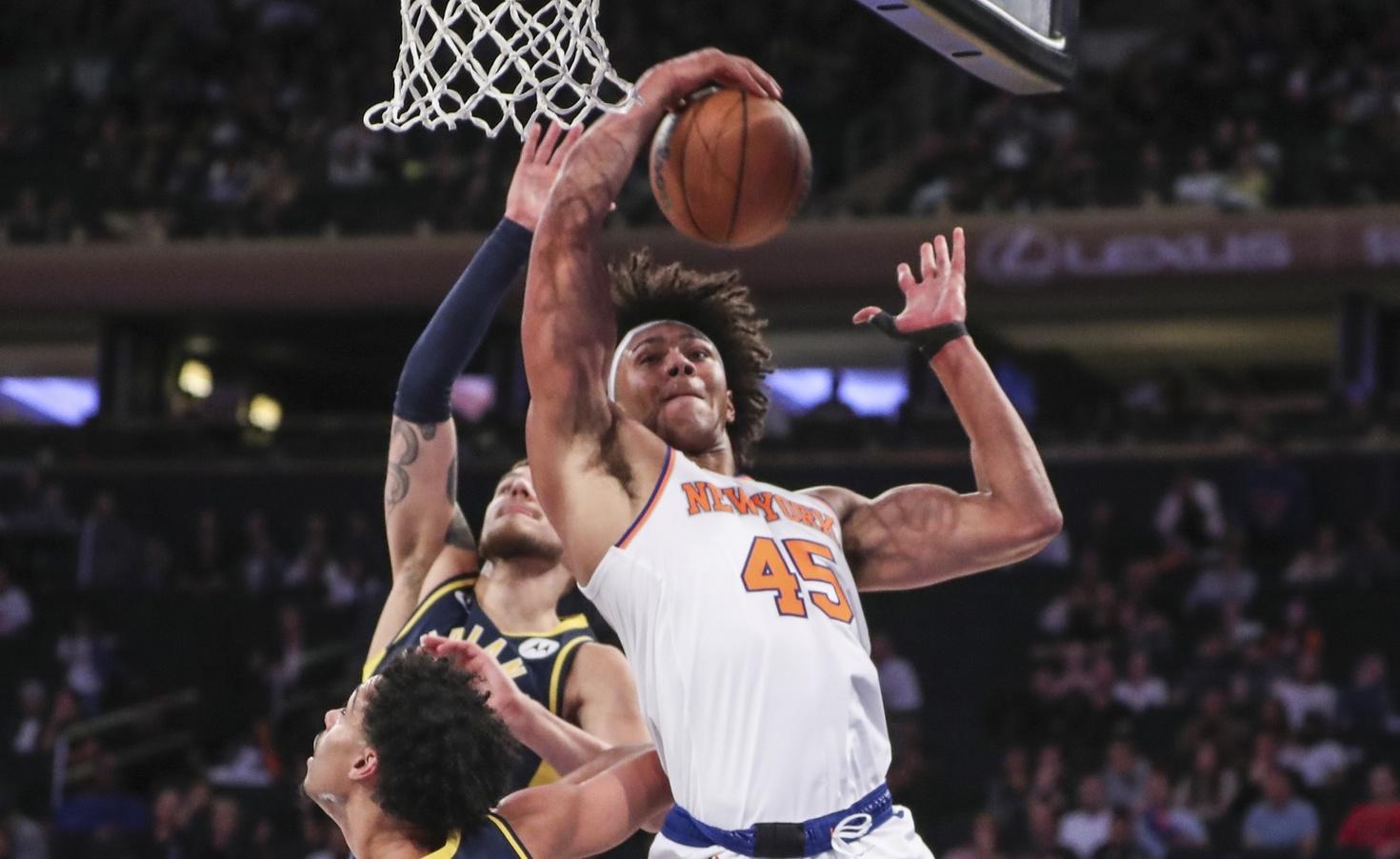 New York Knicks forward Jericho Sims (45) grabs a rebound in the fourth quarter against the Indiana Pacers at Madison Square Garden.