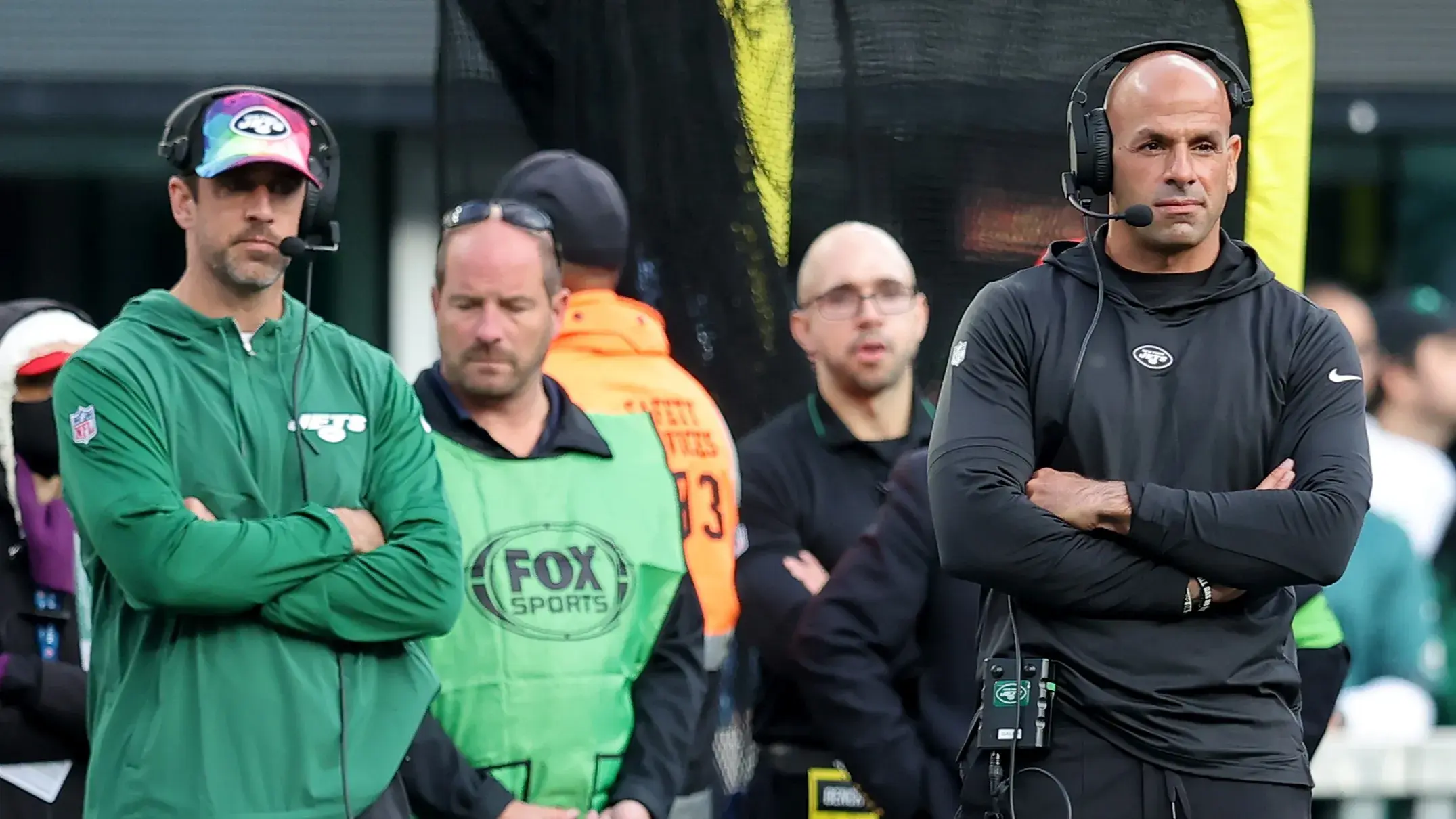 Oct 15, 2023; East Rutherford, New Jersey, USA; New York Jets injured quarterback Aaron Rodgers (left) and head coach Robert Saleh on the sidelines during the first quarter against the Philadelphia Eagles at MetLife Stadium. Mandatory Credit: Brad Penner-USA TODAY Sports / © Brad Penner-USA TODAY Sports