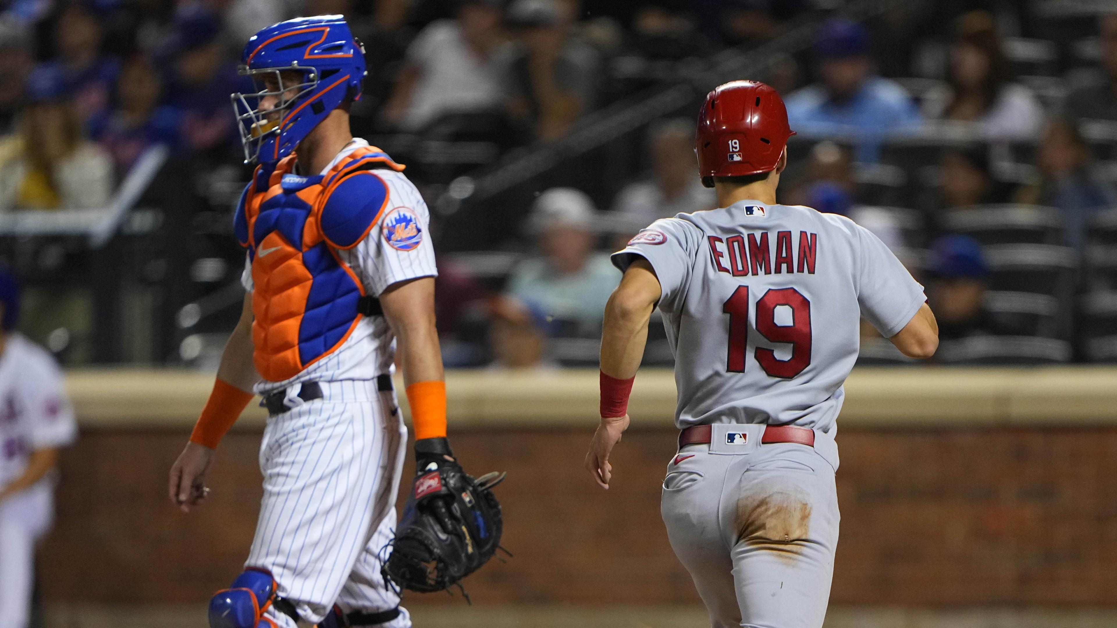 Sep 13, 2021; New York City, New York, USA; St. Louis Cardinals second baseman Tommy Edman (19) scores a run on St. Louis Cardinals first baseman Paul Goldschmidt (46) (not pictured) RBI single against the New York Mets during the third inning at Citi Field.