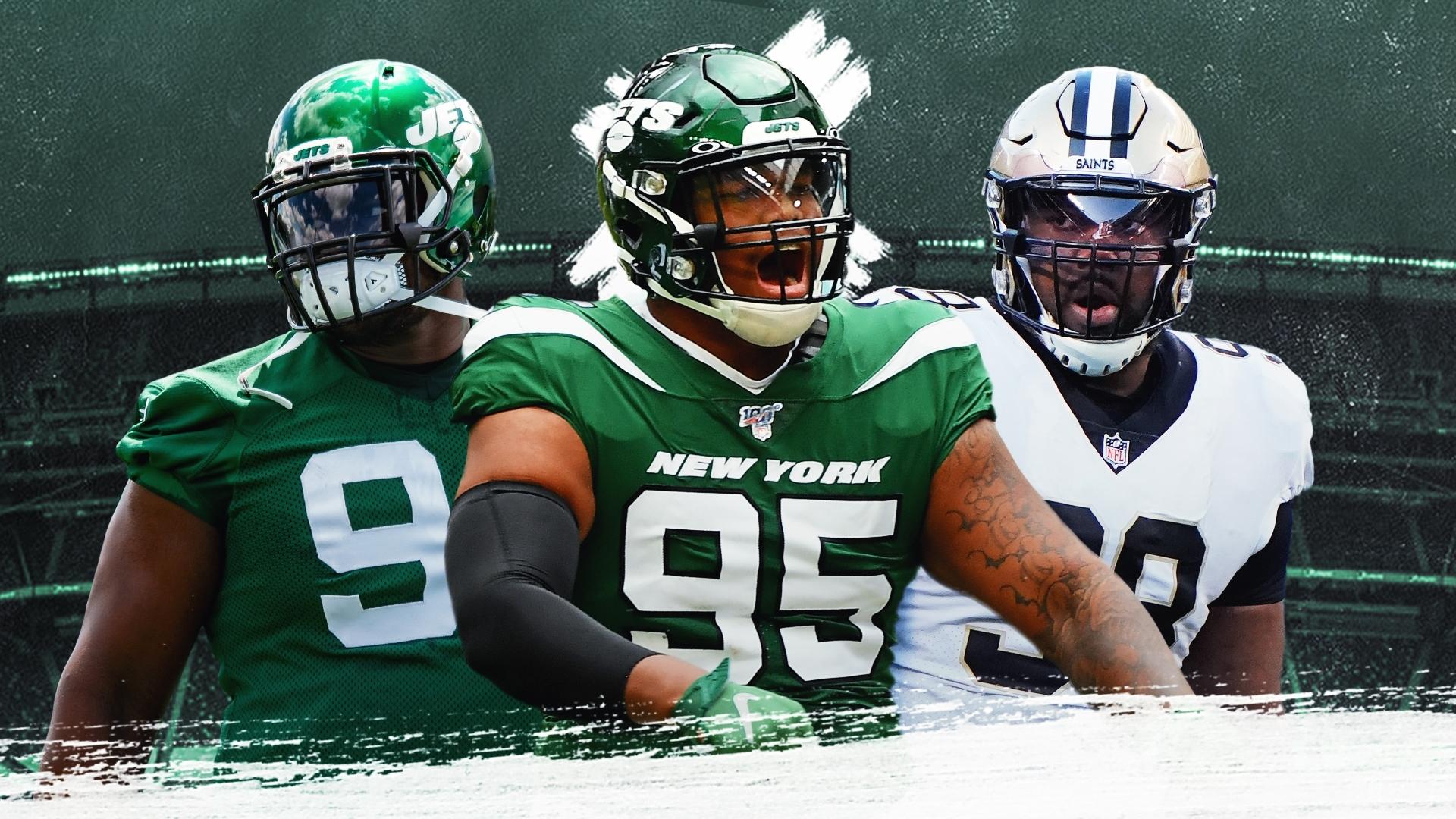 Jets' Folorunso Fatukasi, Quinnen Williams, and Sheldon Rankins