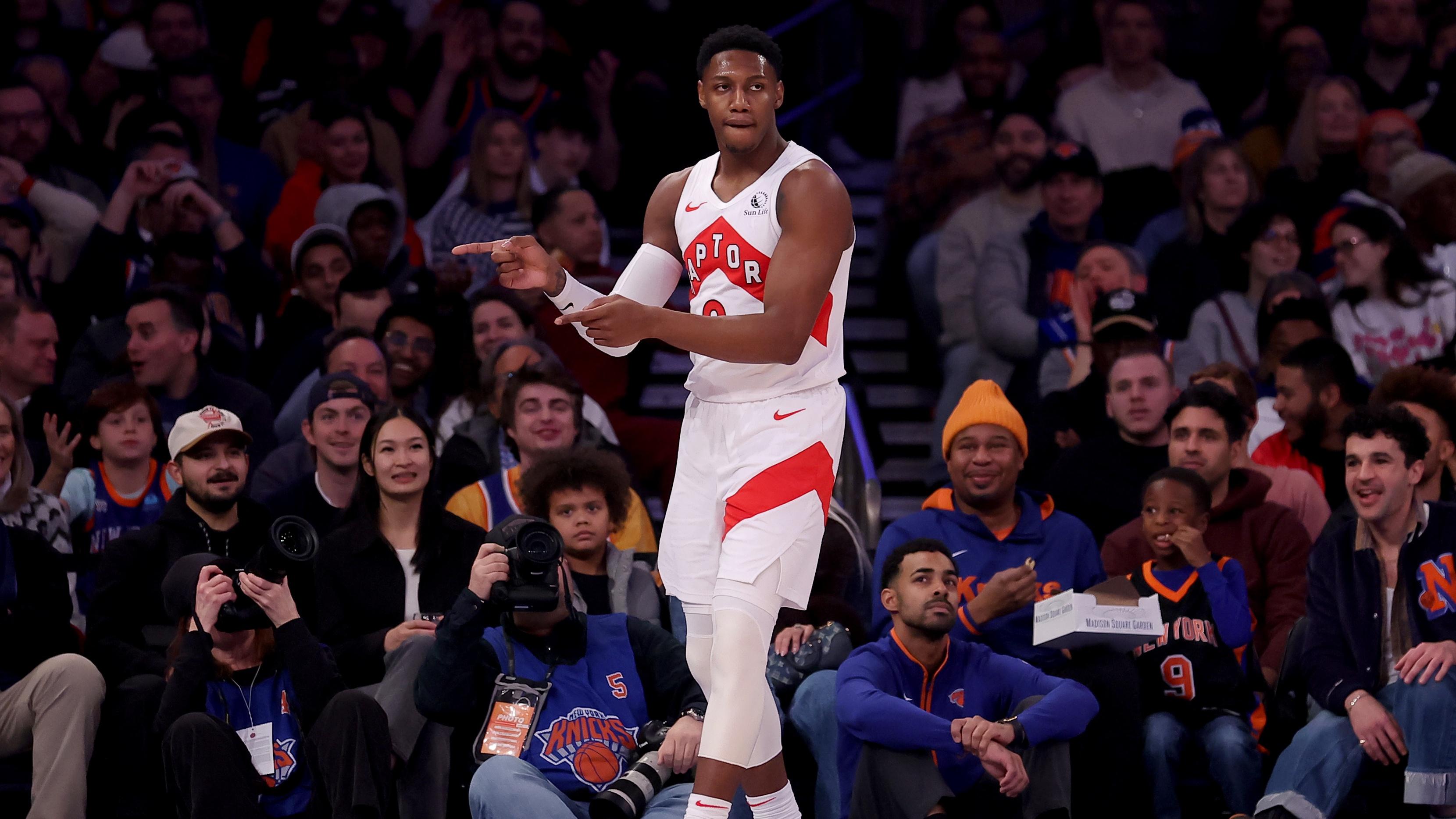 Toronto Raptors guard RJ Barrett (9) reacts after a basket during the first quarter against the New York Knicks at Madison Square Garden