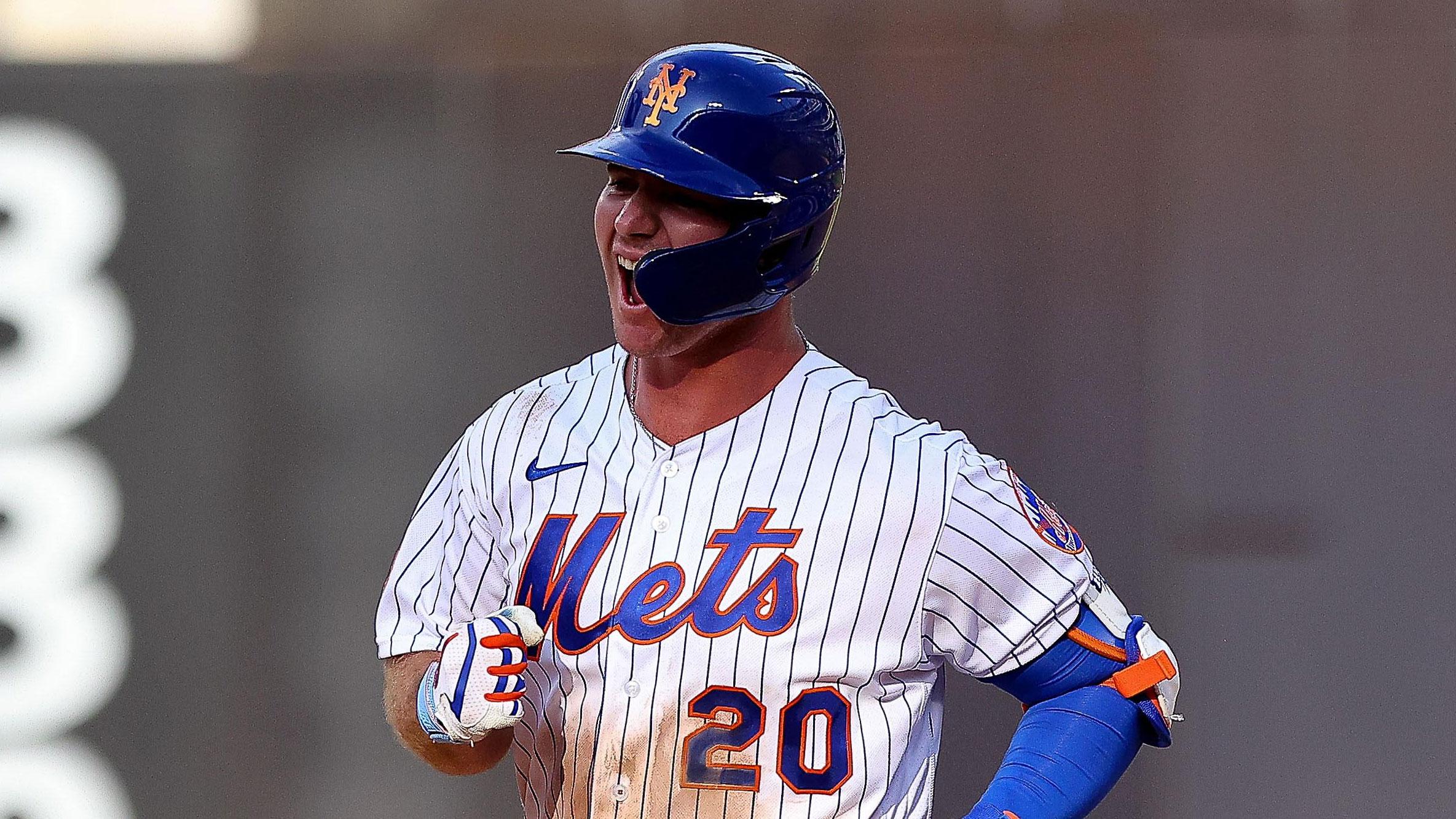 Aug 12, 2021; New York City, NY, USA; New York Mets first baseman Pete Alonso (20) runs the base path after hitting game winning home run during the eighth inning against the Washington Nationals at Citi Field.