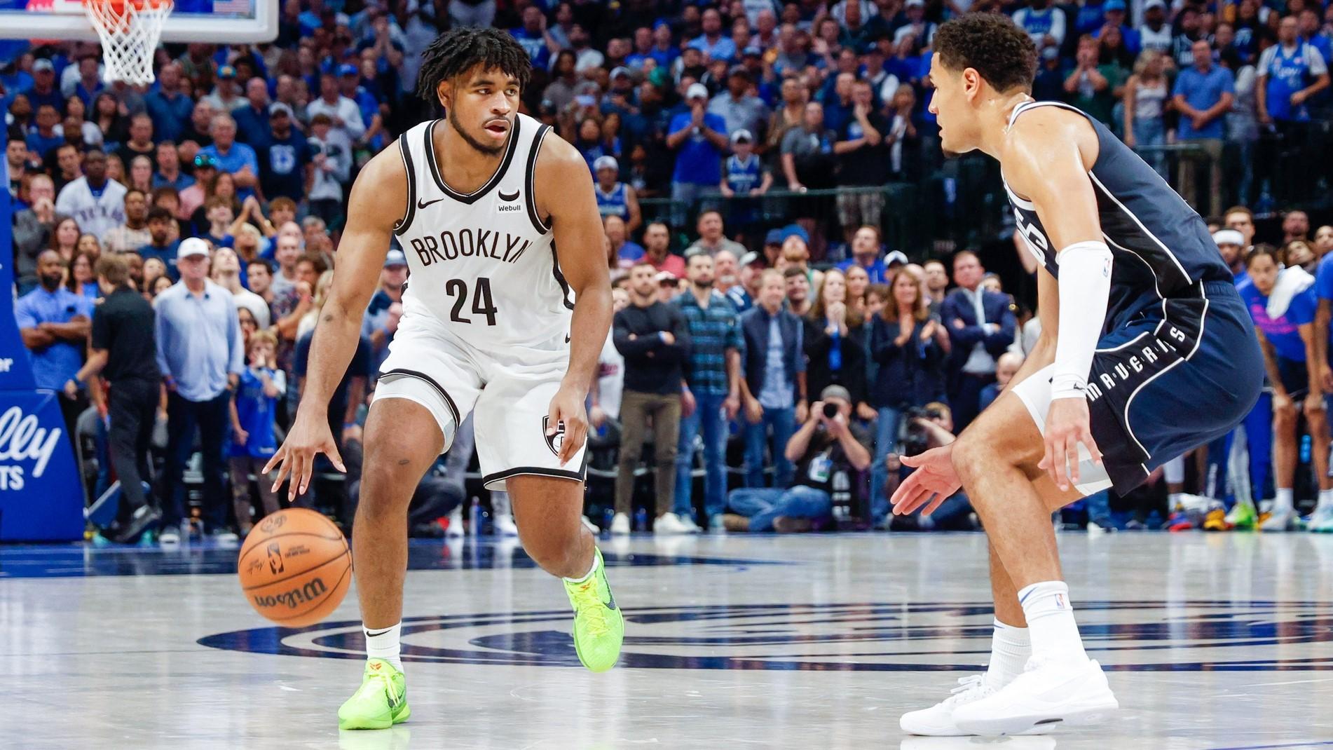 Oct 27, 2023; Dallas, Texas, USA; Brooklyn Nets guard Cam Thomas (24) is guarded by Dallas Mavericks guard Josh Green (8) during the fourth quarter at American Airlines Center.