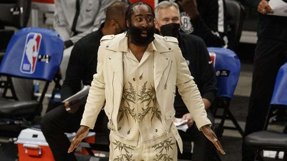 May 2, 2021; Milwaukee, Wisconsin, USA; Brooklyn Nets guard James Harden stands on the sidelines during the third quarter against the Milwaukee Bucks at Fiserv Forum.