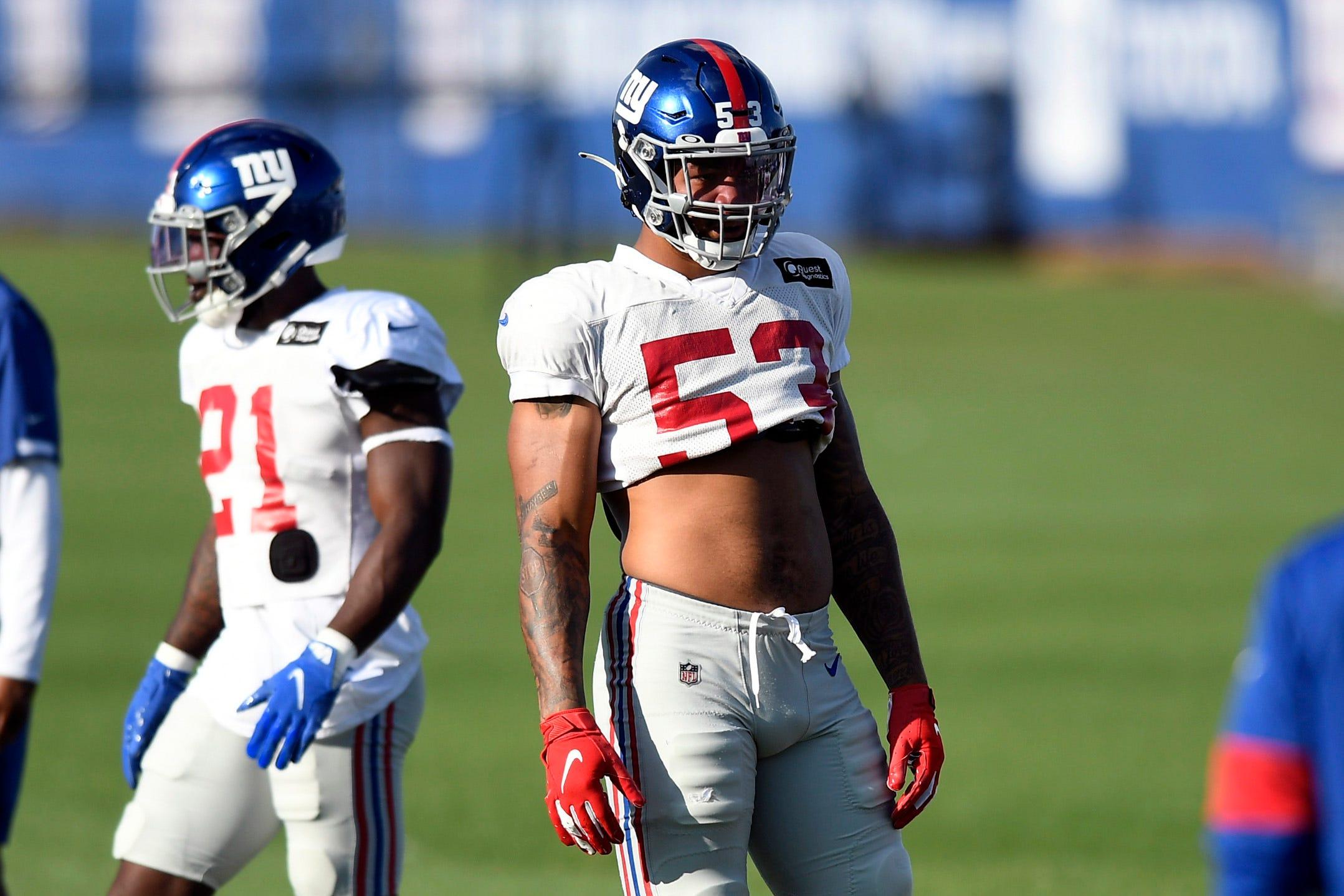 New York Giants linebacker Oshane Ximines (53) on the field for training camp at Quest Diagnostics Training Center on Tuesday, August 18, 2020. Ny Giants Training Camp