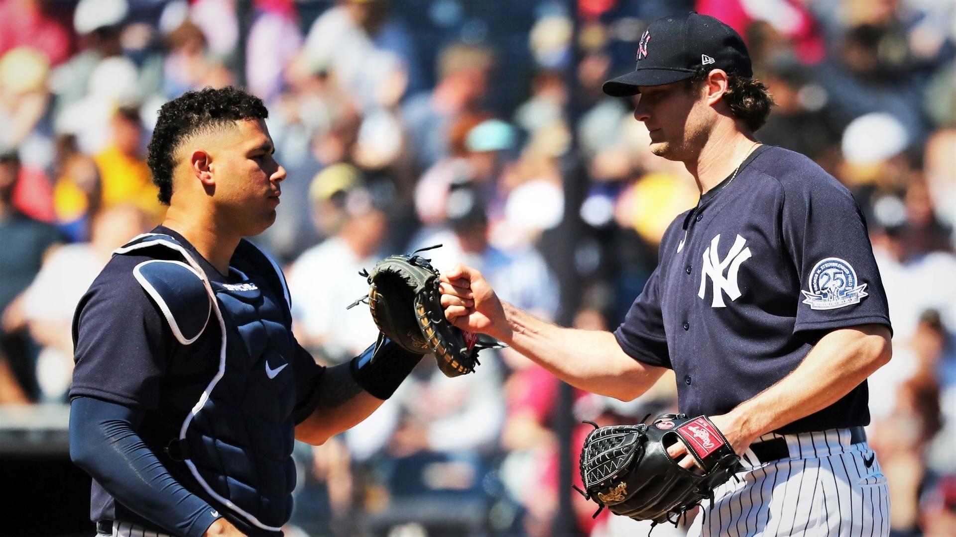 Feb 29, 2020; Tampa, Florida, USA; New York Yankees starting pitcher Gerrit Cole (45) fist pumps with catcher Gary Sanchez (24) during the third inning against the Detroit Tigers at George M. Steinbrenner Field. Mandatory Credit: Kim Klement-USA TODAY Sports