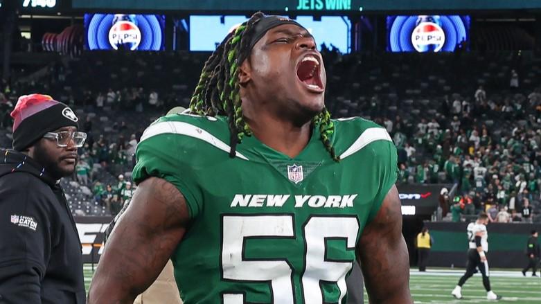 Oct 15, 2023; East Rutherford, New Jersey, USA; New York Jets linebacker Quincy Williams (56) on the field after defeating the Philadelphia Eagles at MetLife Stadium.