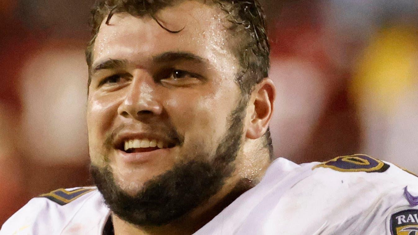 Aug 28, 2021; Landover, Maryland, USA; Baltimore Ravens guard Ben Bredeson (67) leaves the field after the Ravens' game against the Washington Football Team at FedExField. / USA TODAY Sports/SNY Treated Image