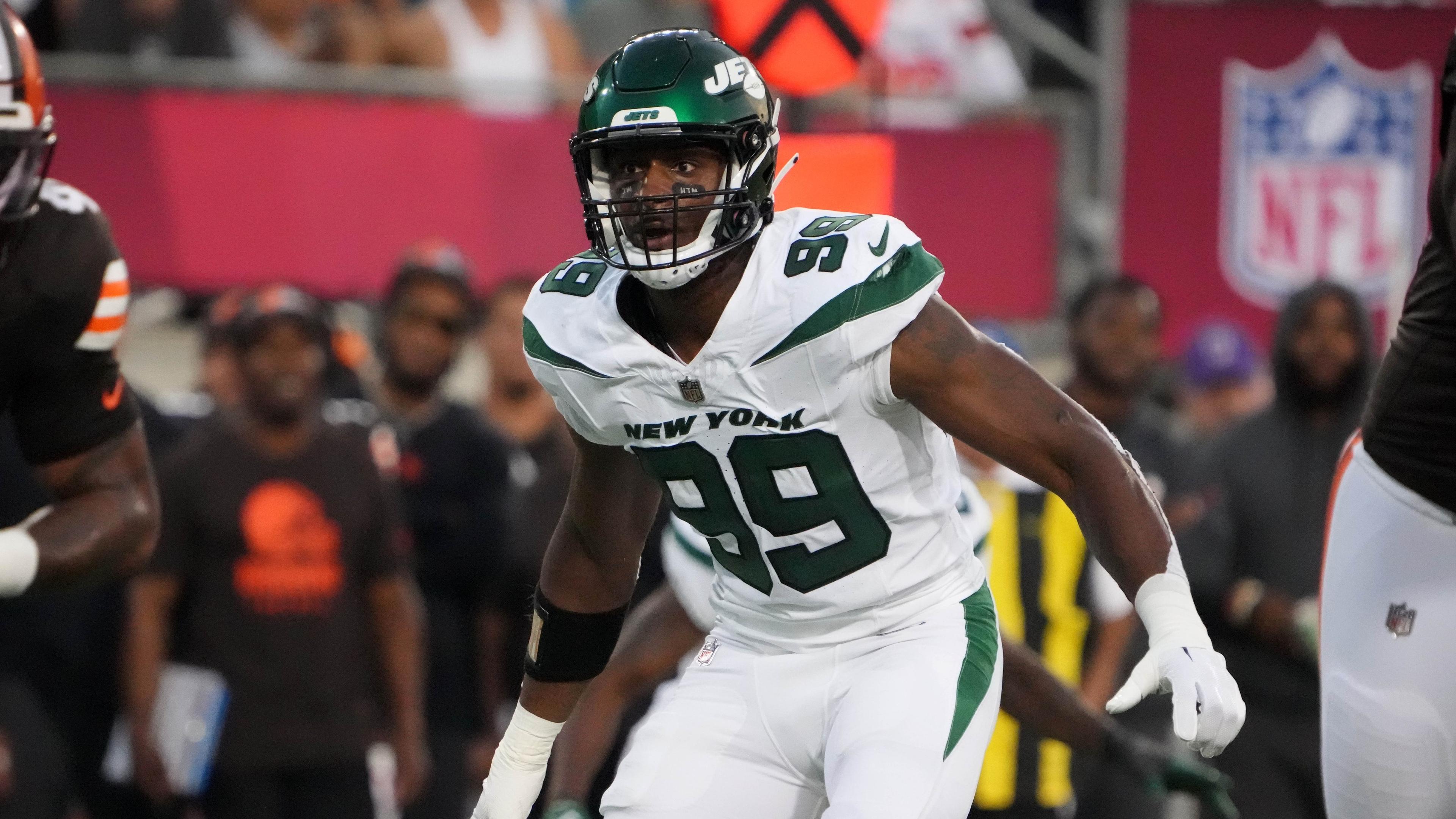 Aug 3, 2023; Canton, Ohio, USA; New York Jets defensive end Will McDonald IV (99) against the Cleveland Browns during the first half at Tom Benson Hall of Fame Stadium.