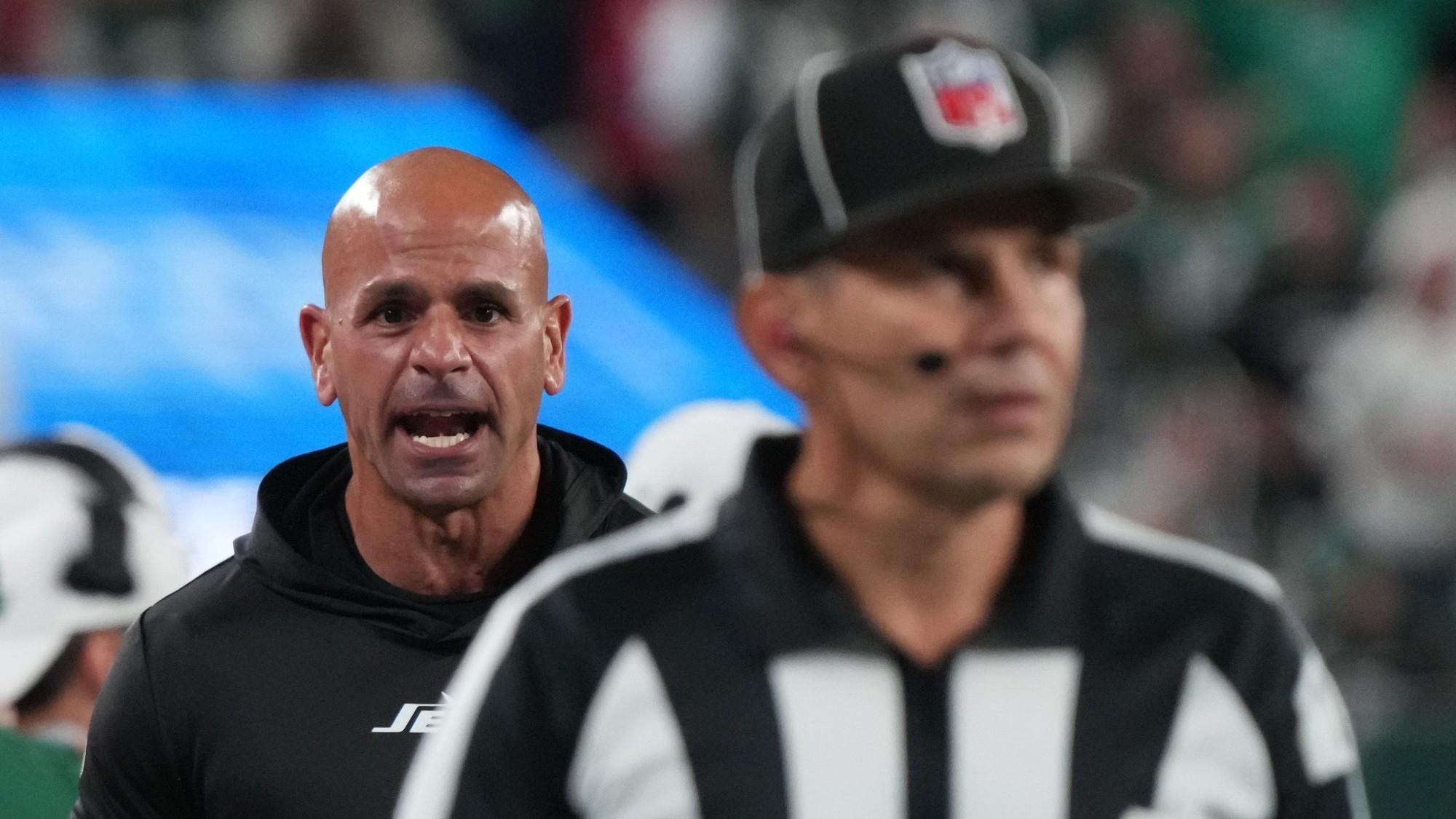 After the Chiefs get a first down and ice the game, Jets head coach Robert Saleh argues a previous defensive holding call late in the game.