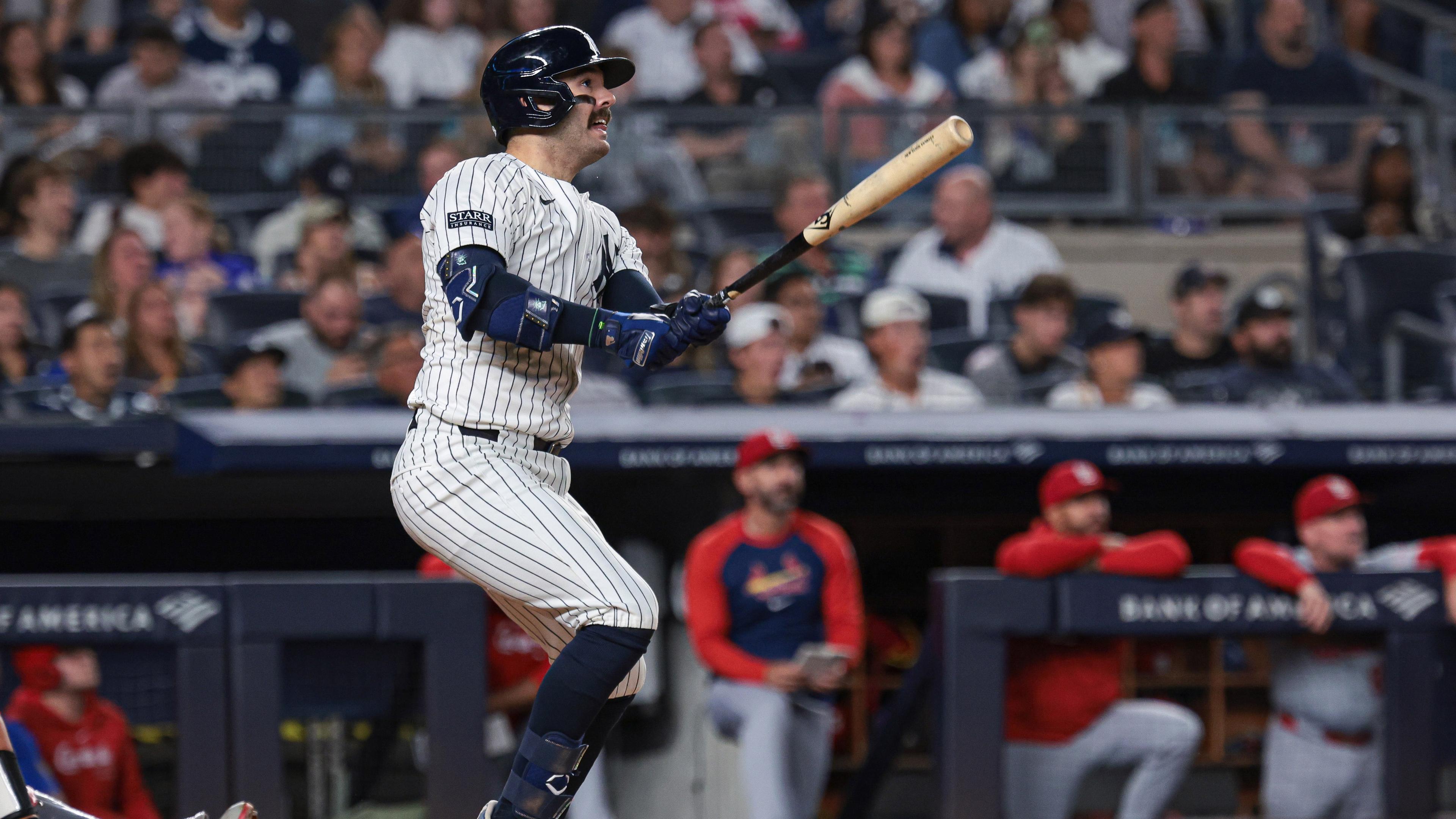 New York Yankees catcher Austin Wells (28) hits a two run home run during the third inning against the St. Louis Cardinals at Yankee Stadium.