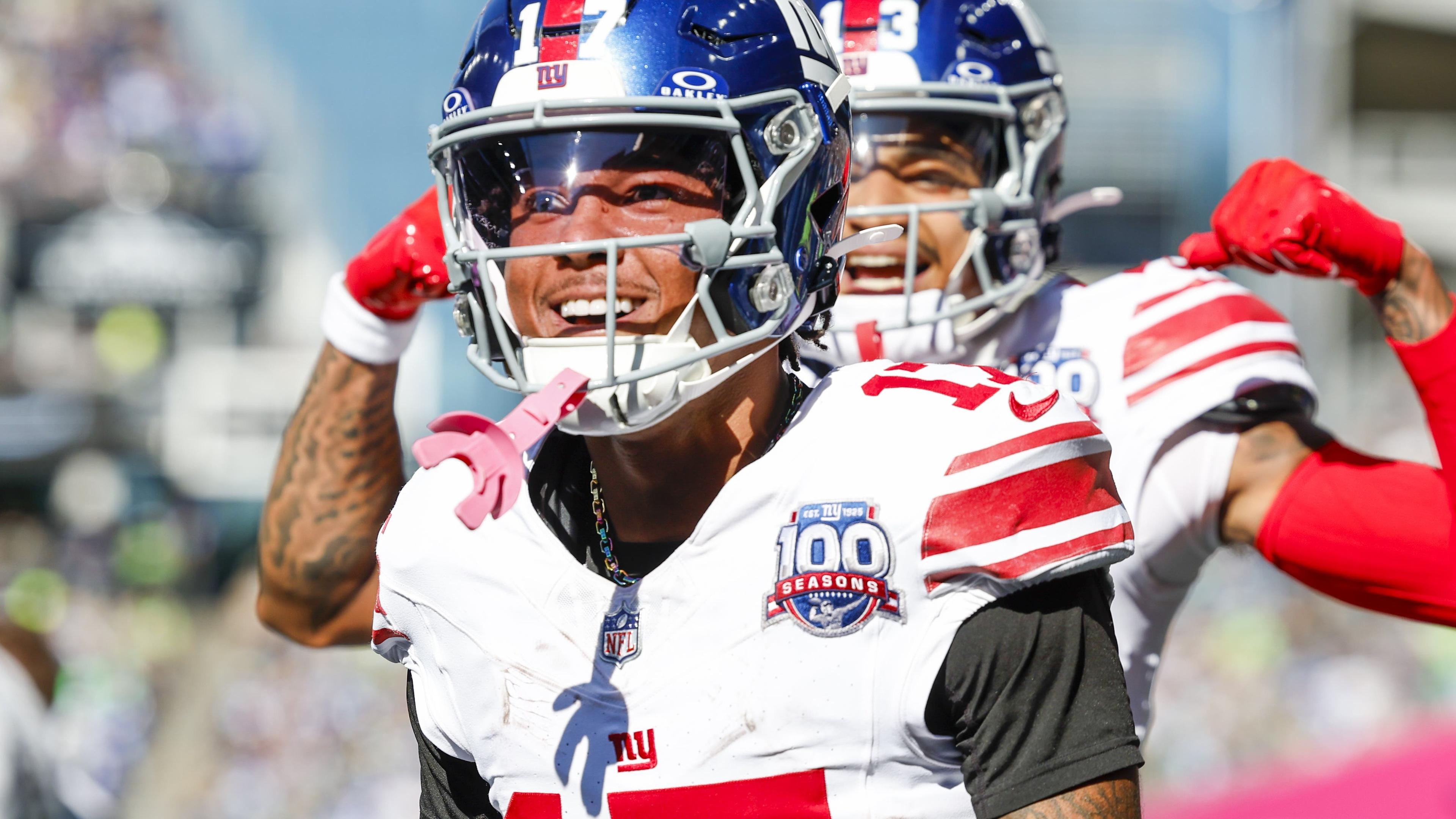 New York Giants wide receiver WanDale Robinson (17) celebrates after catching a touchdown pass against the Seattle Seahawks during the second quarter at Lumen Field / Joe Nicholson - Imagn Images