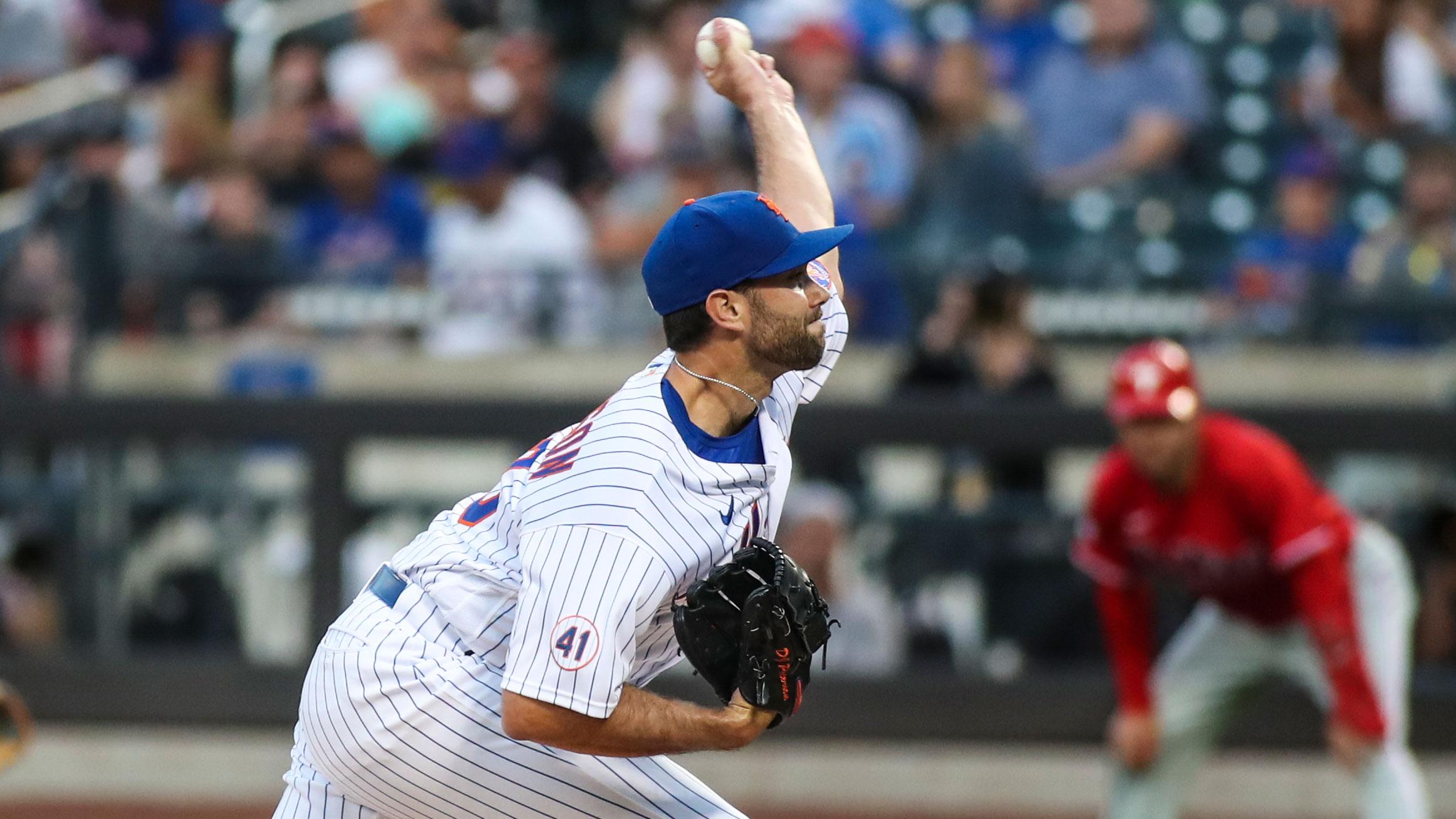 Jun 25, 2021; New York City, New York, USA; New York Mets pitcher Dave Peterson (23) pitches in the first inning against the Philadelphia Phillies at Citi Field.