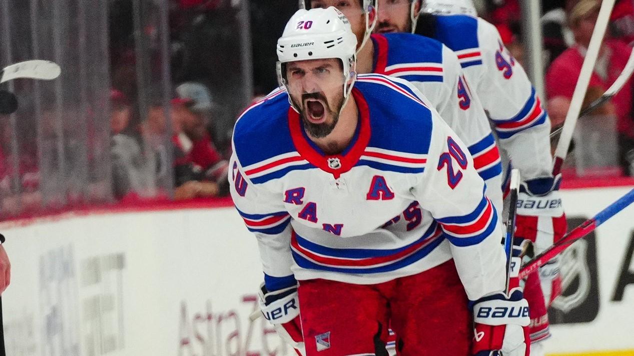 May 16, 2024; Raleigh, North Carolina, USA; New York Rangers left wing Chris Kreider (20) celebrates his goal against the Carolina Hurricanes during the third period in game six of the second round of the 2024 Stanley Cup Playoffs at PNC Arena. 