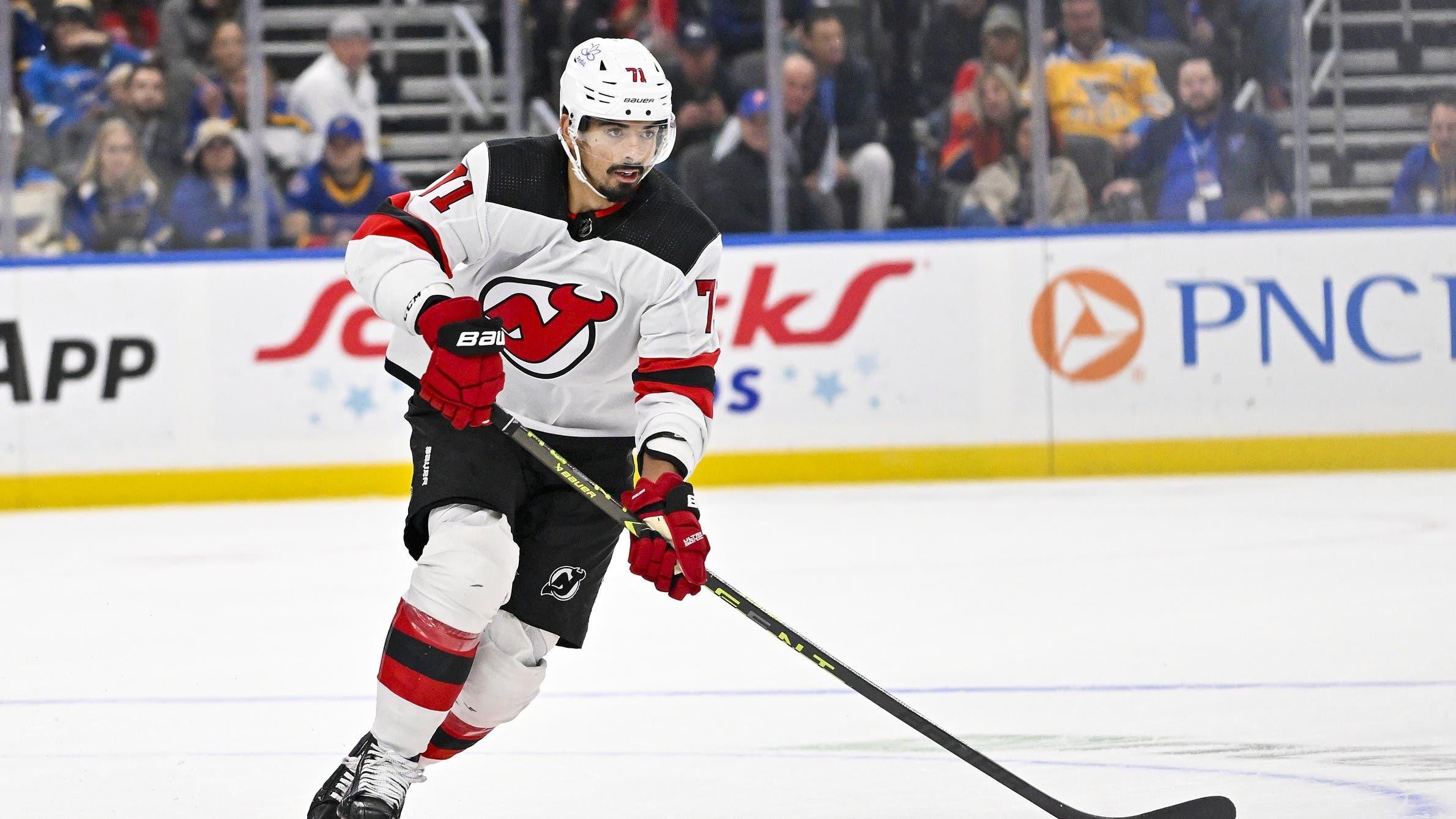 New Jersey Devils defenseman Jonas Siegenthaler (71) controls the puck against the St. Louis Blues. / Jeff Curry-USA TODAY Sports