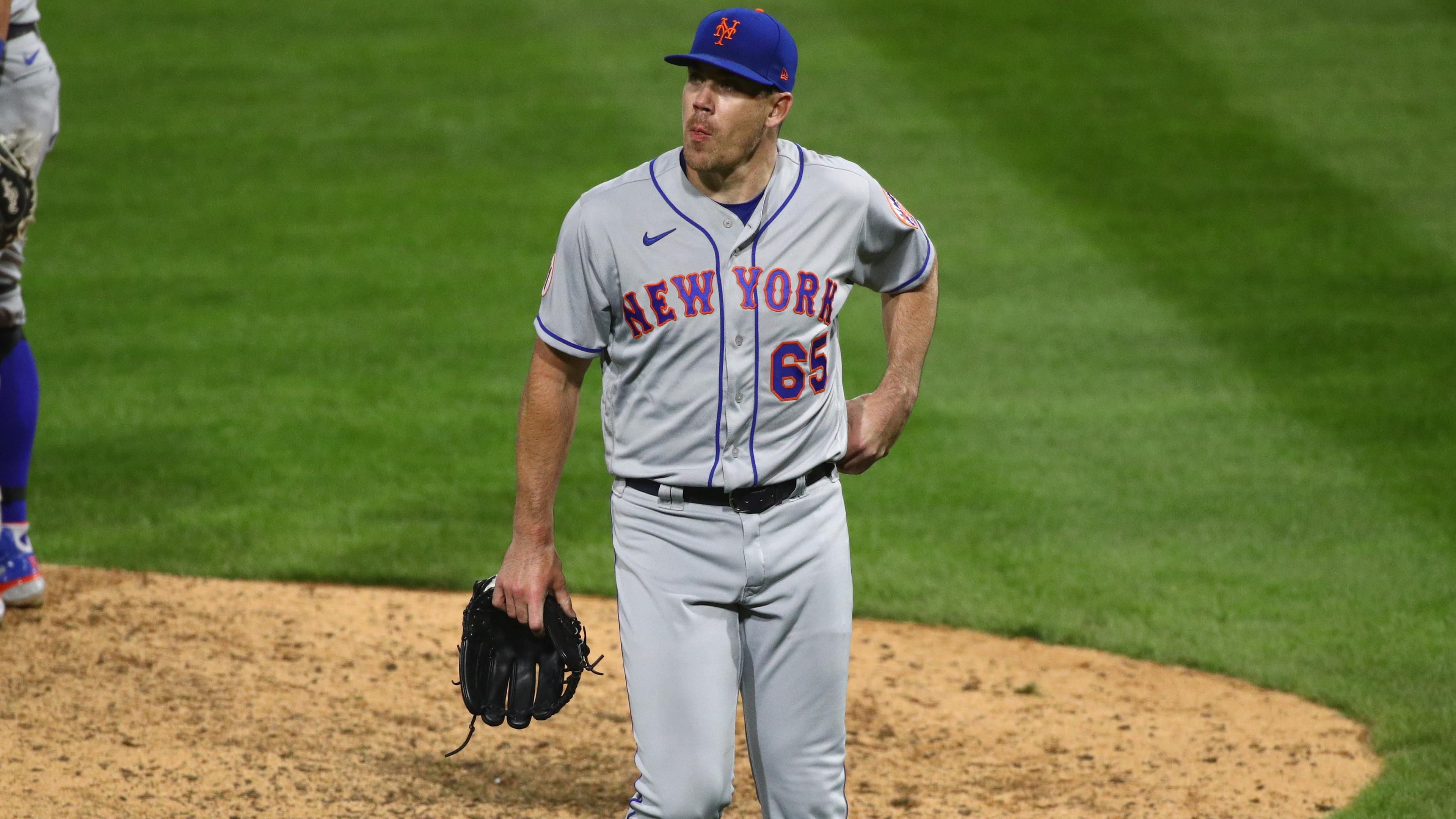 Apr 5, 2021; Philadelphia, Pennsylvania, USA; New York Mets relief pitcher Trevor May (65) reacts after being taken out of the game in the eighth inning against the Philadelphia Phillies at Citizens Bank Park.