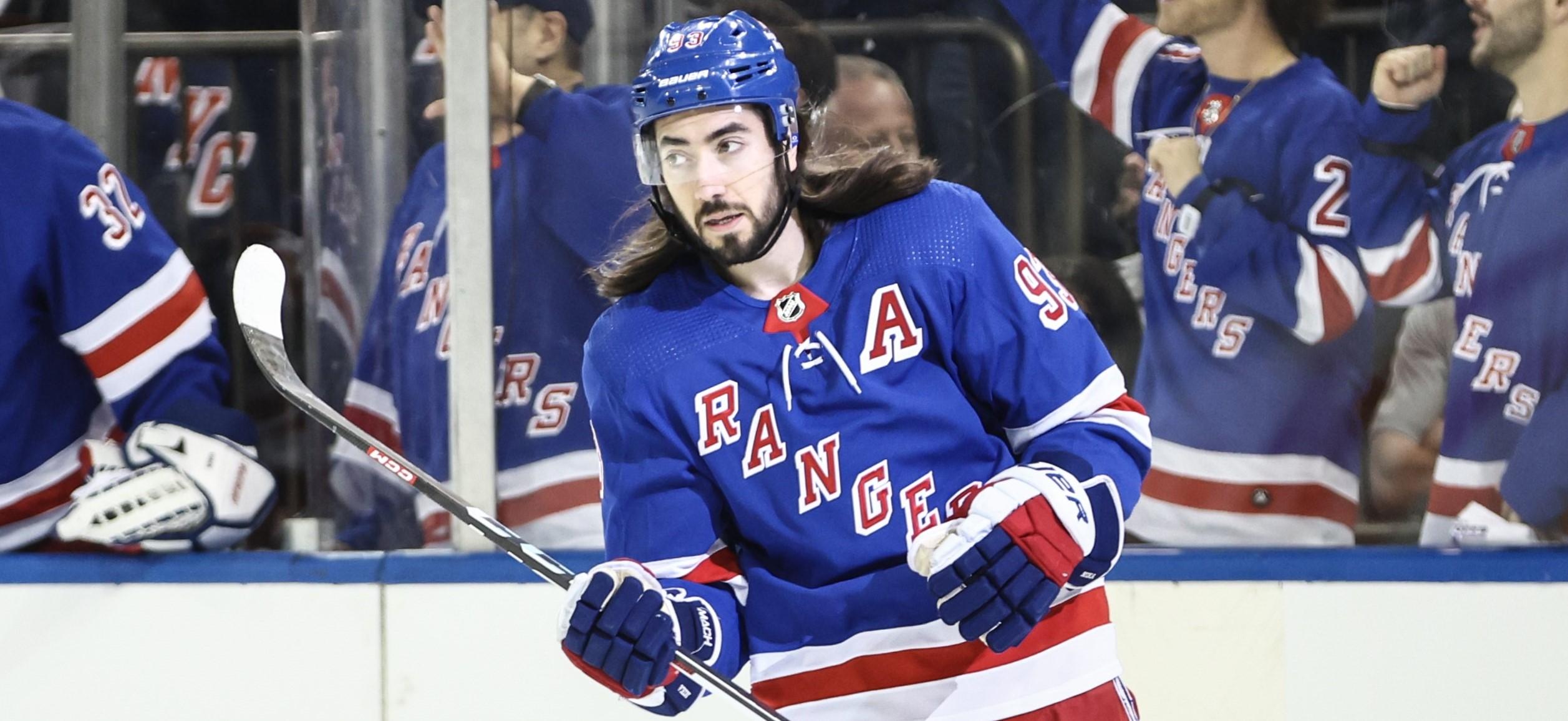 May 5, 2024; New York, New York, USA; New York Rangers center Mika Zibanejad (93) celebrates after scoring his second goal of the game in the first period against the Carolina Hurricanes in game one of the second round of the 2024 Stanley Cup Playoffs at Madison Square Garden. Mandatory Credit: Wendell Cruz-USA TODAY Sports