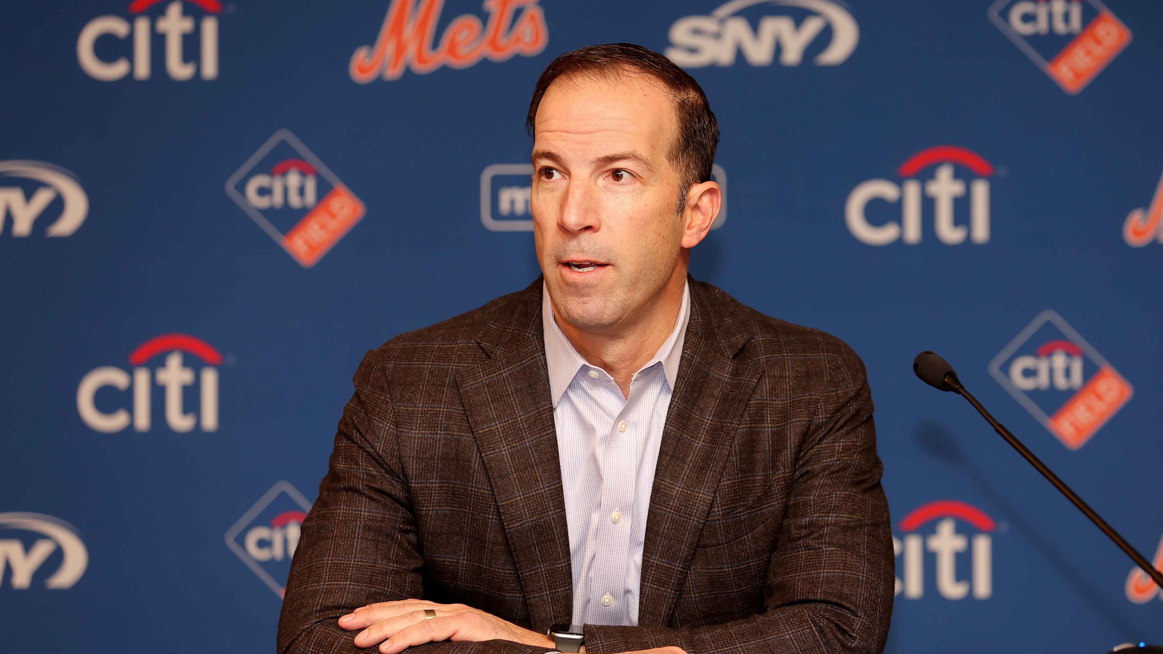 Dec 19, 2022; NY, NY, USA; New York Mets general manager Billy Eppler introduces pitcher Kodai Senga (not pictured) during a press conference at Citi Field. Mandatory Credit: Brad Penner-USA TODAY Sports