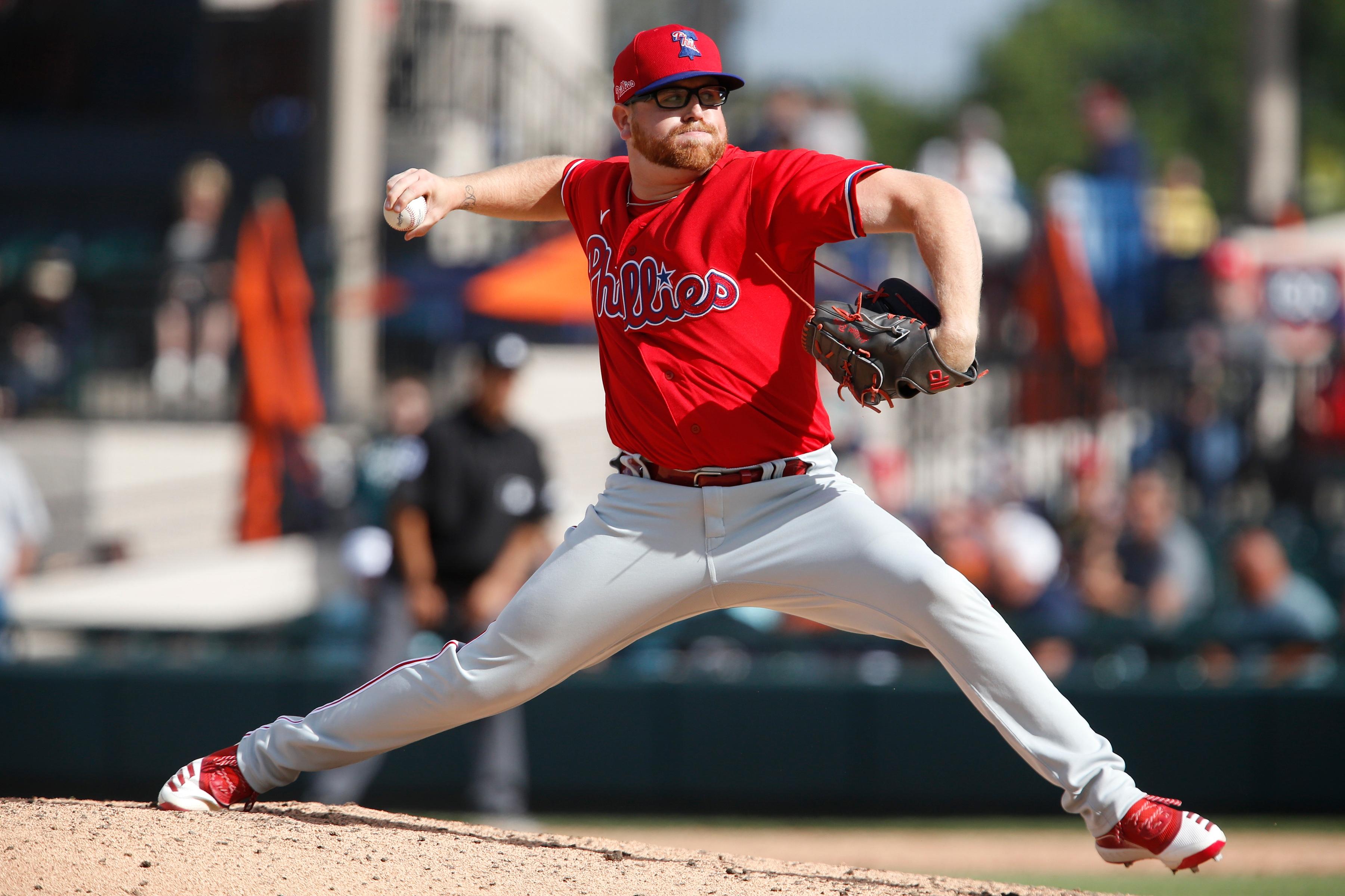 Feb 22, 2020; Lakeland, Florida, USA; Philadelphia Phillies relief pitcher Addison Russ throws a pitch during the seventh inning against the Detroit Tigers at Publix Field at Joker Marchant Stadium.