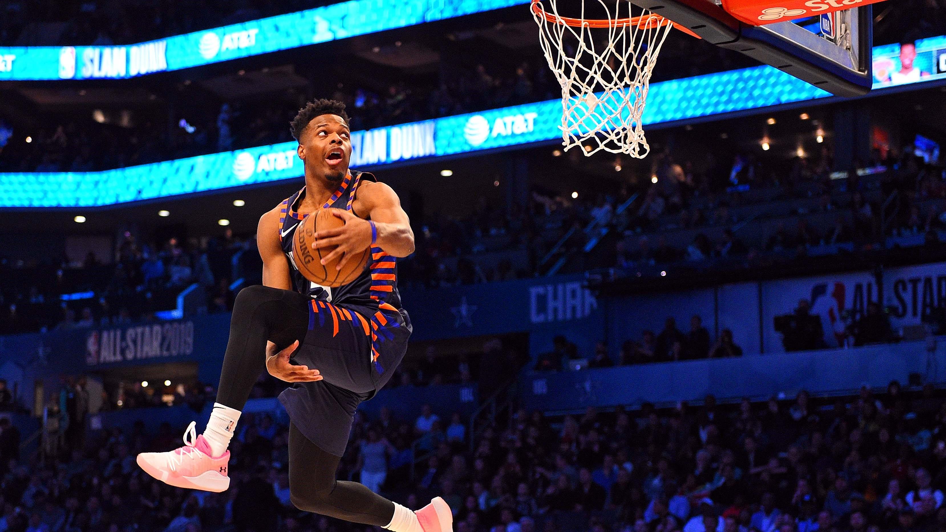 New York Knicks forward Dennis Smith Jr in the Slam Dunk Contest during the NBA All-Star Saturday Night at Spectrum Center.