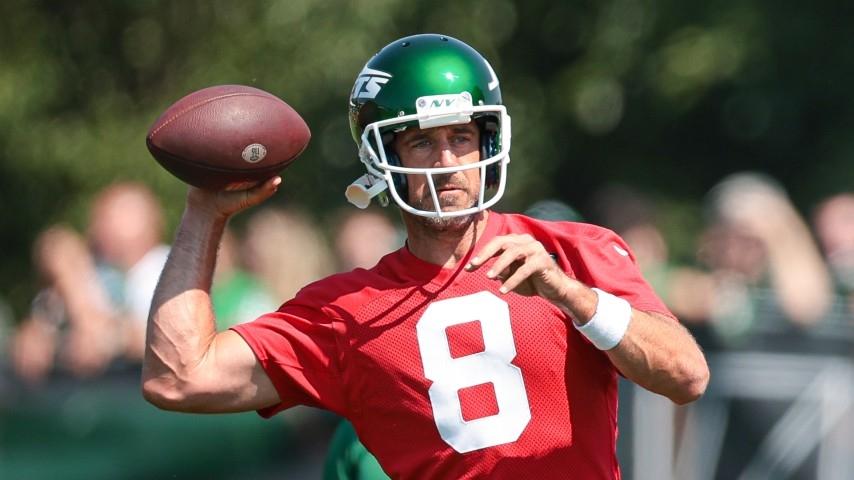 New York Jets quarterback Aaron Rodgers (8) throws the ball during training camp at Atlantic Health Jets Training Center.