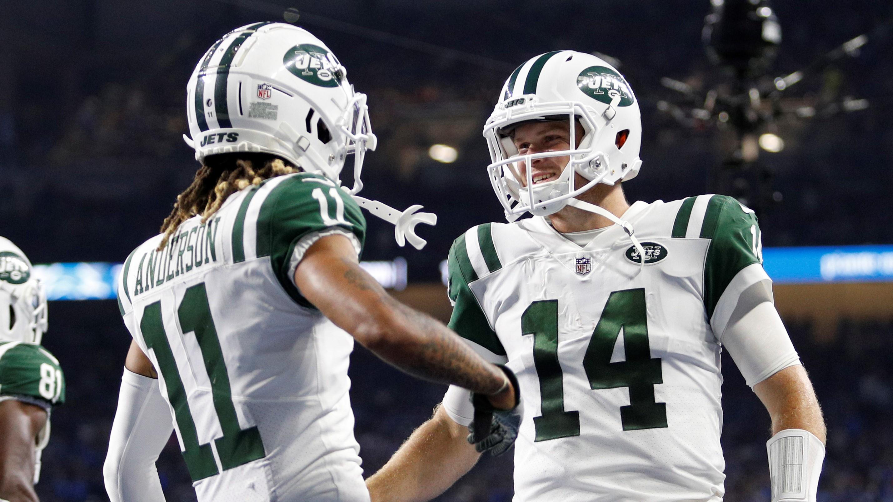 Sep 10, 2018; Detroit, MI, USA; New York Jets wide receiver Robby Anderson (11) celebrates with quarterback Sam Darnold (14) after the two connect for a touchdown during the second quarter against the Detroit Lions at Ford Field. Mandatory Credit: Raj Mehta-USA TODAY Sports