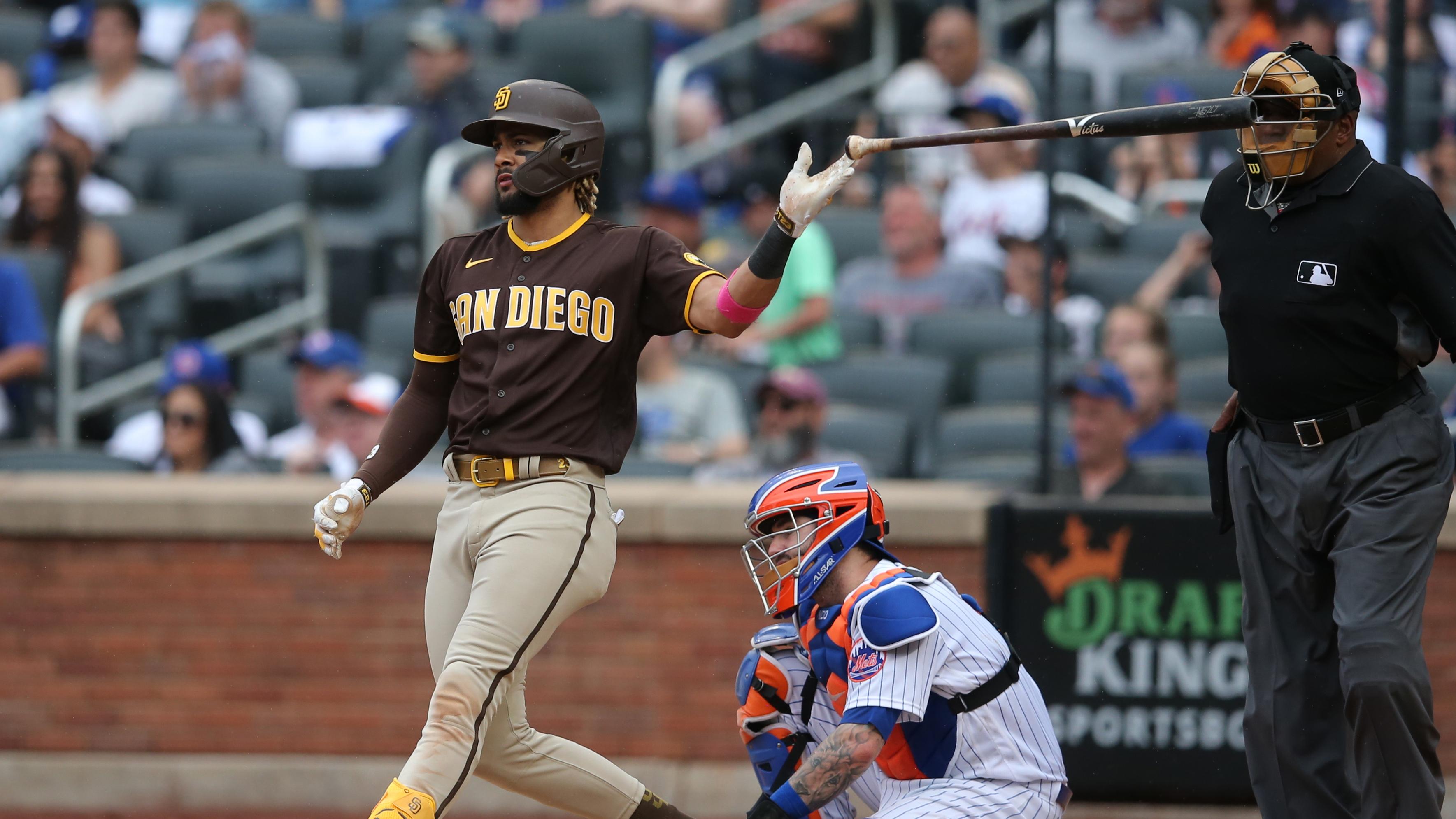 San Diego Padres shortstop Fernando Tatis Jr. (23) flips his bat after hitting a grand slam against the New York Mets during the seventh inning at Citi Field.