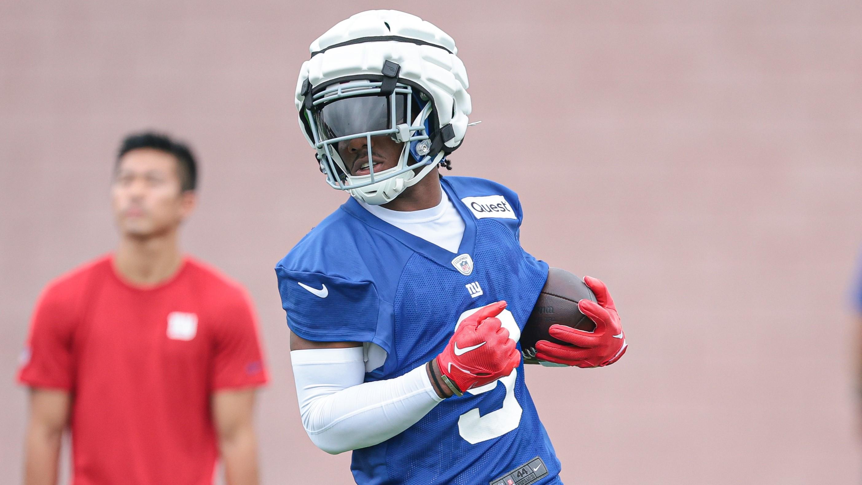 Jul 24, 2024; East Rutherford, NJ, USA; New York Giants wide receiver Malik Nabers (9) participates in drills during training camp at Quest Diagnostics Training Facility. Mandatory Credit: Vincent Carchietta-USA TODAY Sports