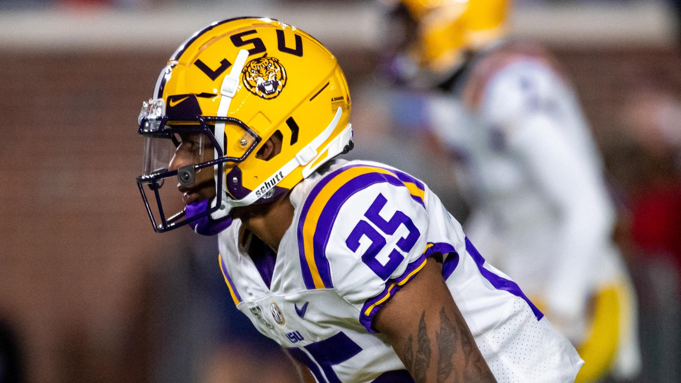 Nov 16, 2019; Oxford, MS, USA; Louisiana State Tigers defensive back Cordale Flott (25) during warmups against the Mississippi Rebels at Vaught-Hemingway Stadium.