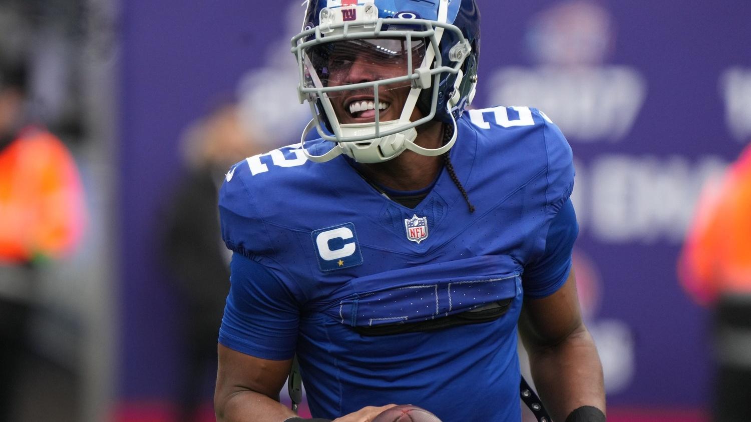 Adoree' Jackson of the Giants on the field during pre game warm ups. The New York Giants host the Los Angeles Rams on December 31, 2023 at at MetLife Stadium in East Rutherford, NJ.