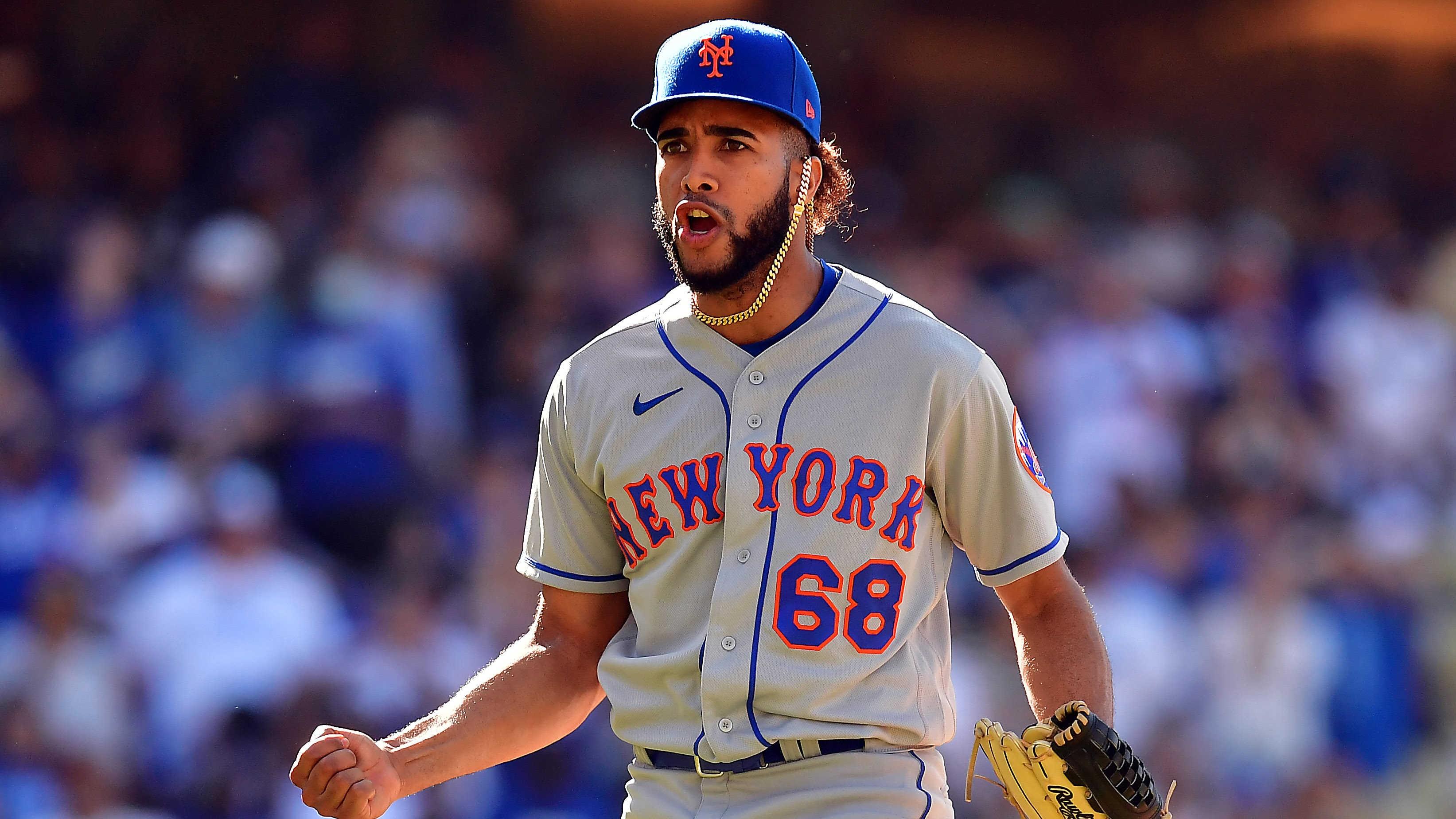 Jun 5, 2022; Los Angeles, California, USA; New York Mets relief pitcher Adonis Medina (68) celebrates the victory against the Los Angeles Dodgers at Dodger Stadium. Mandatory Credit: Gary A. Vasquez-USA TODAY Sports