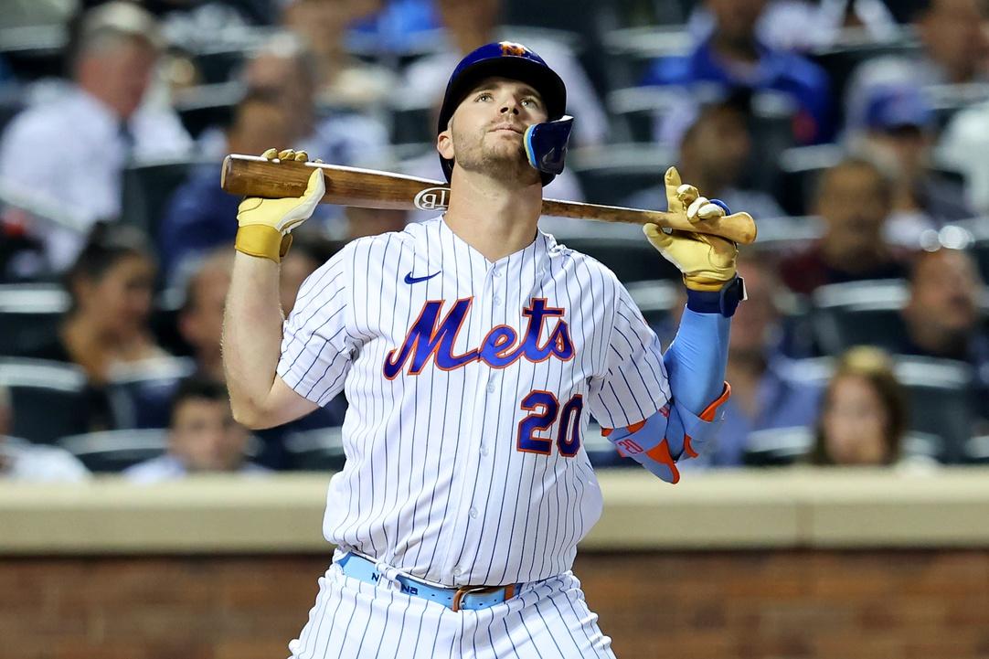 New York Mets first baseman Pete Alonso (20) reacts after striking out against the Chicago Cubs during the fourth inning at Citi Field.