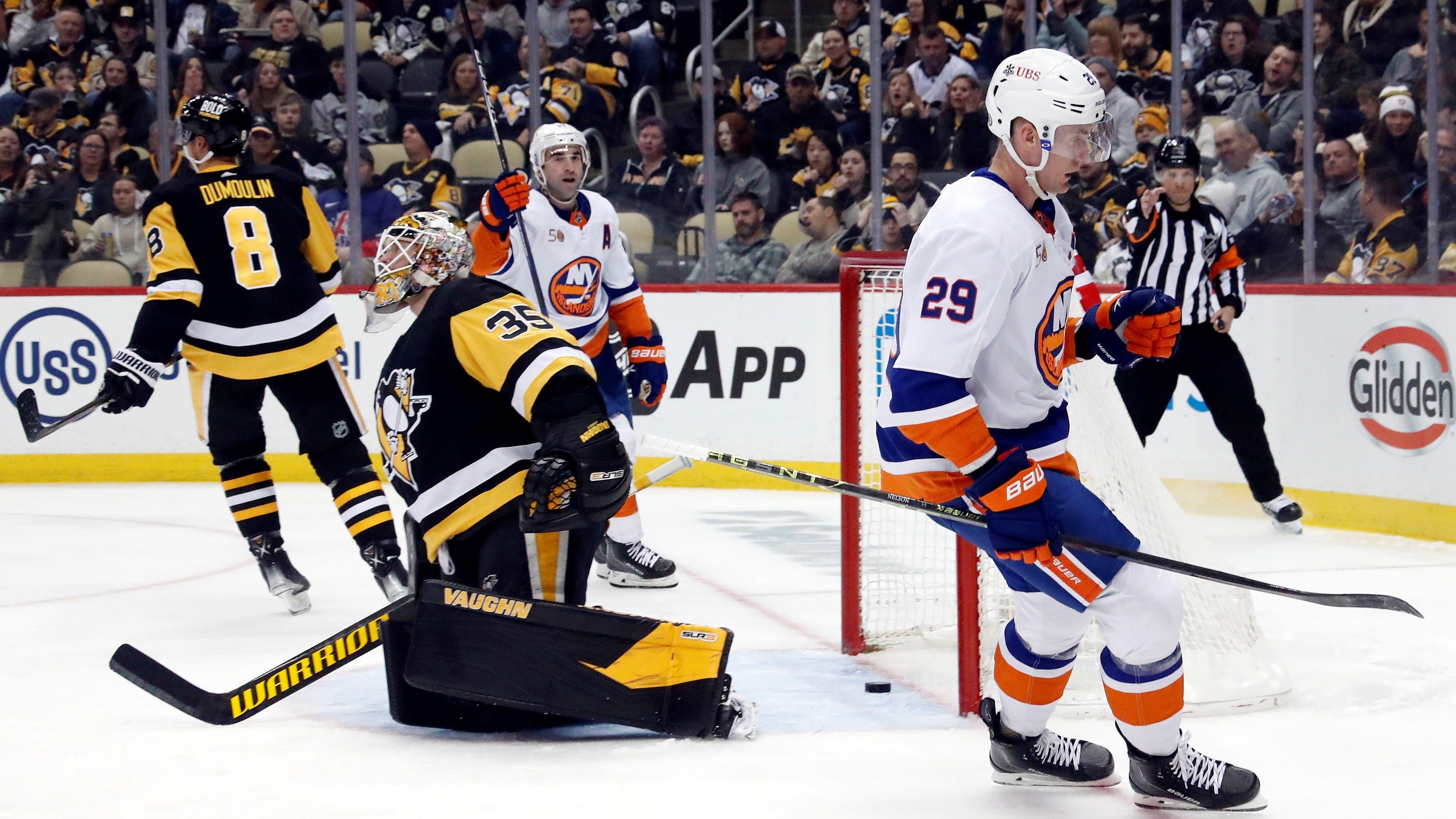 Feb 20, 2023; Pittsburgh, Pennsylvania, USA; New York Islanders center Brock Nelson (29) reacts after scoring a goal against Pittsburgh Penguins goaltender Tristan Jarry (35) during the second period at PPG Paints Arena. Mandatory Credit: Charles LeClaire-USA TODAY Sports / © Charles LeClaire-USA TODAY Sports