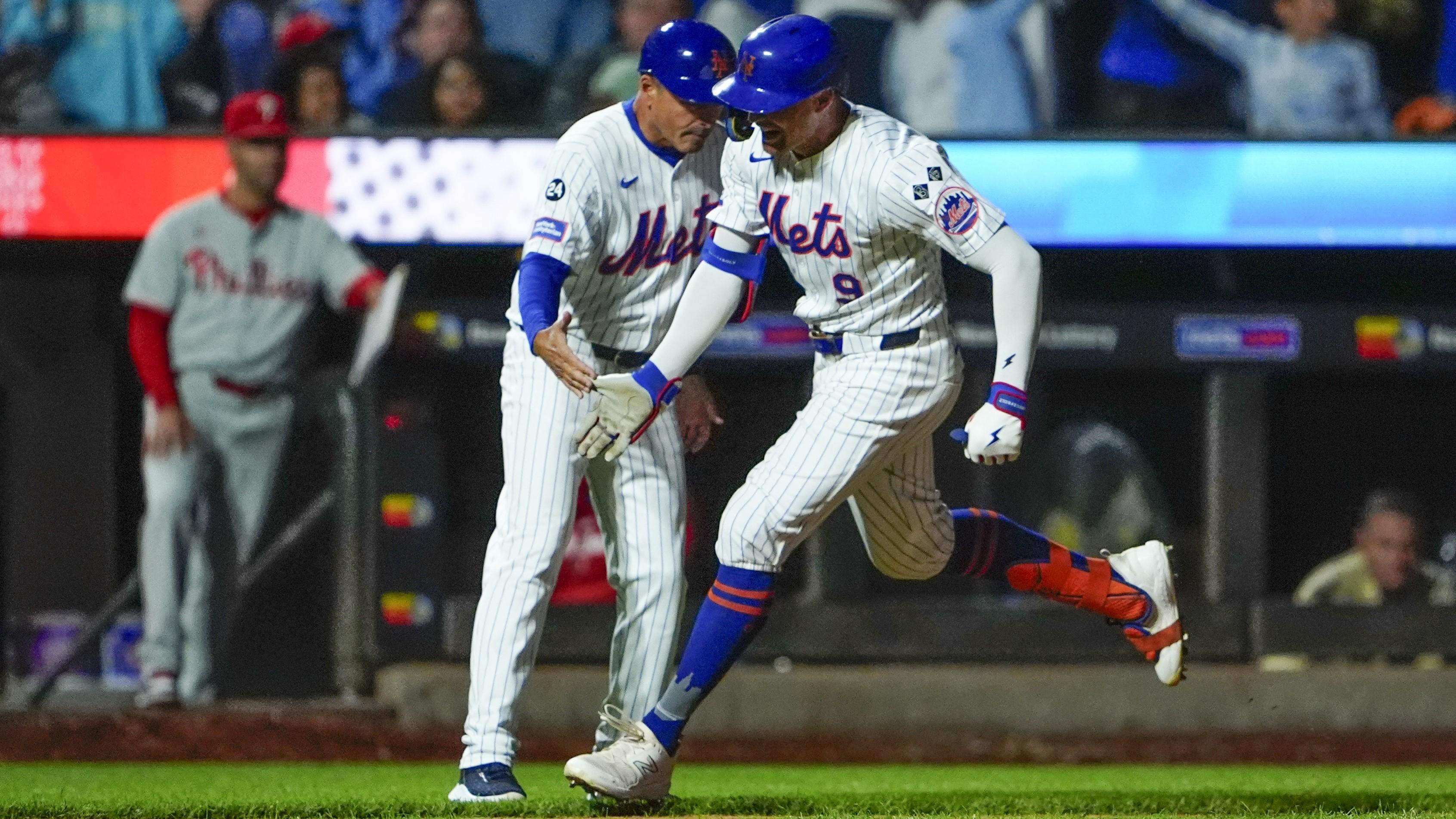 Sep 22, 2024; New York City, New York, USA; New York Mets left fielder Brandon Nimmo (9) reacts to hitting a home run as he rounds the bases against the Philadelphia Phillies during the sixth inning at Citi Field. 