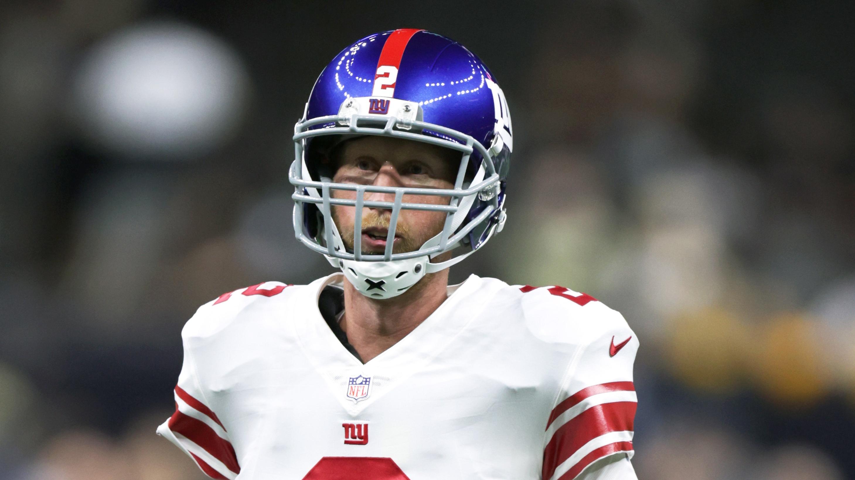 Oct 3, 2021; New Orleans, Louisiana, USA; New York Giants quarterback Mike Glennon (2) warms up before the game against New Orleans Saints at Caesars Superdome. Mandatory Credit: Stephen Lew-USA TODAY Sports