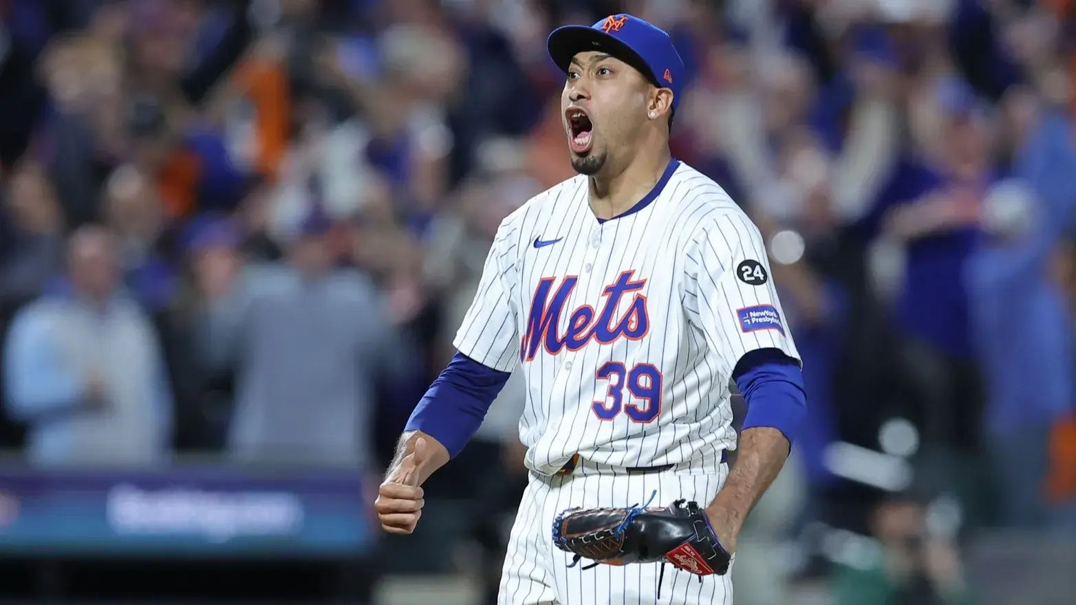 Oct 9, 2024; New York, New York, USA; New York Mets pitcher Edwin Diaz (39) celebrates the final out in the 9th inning against the Philadelphia Phillies in game four of the NLDS for the 2024 MLB Playoffs at Citi Field. / Brad Penner-Imagn Images