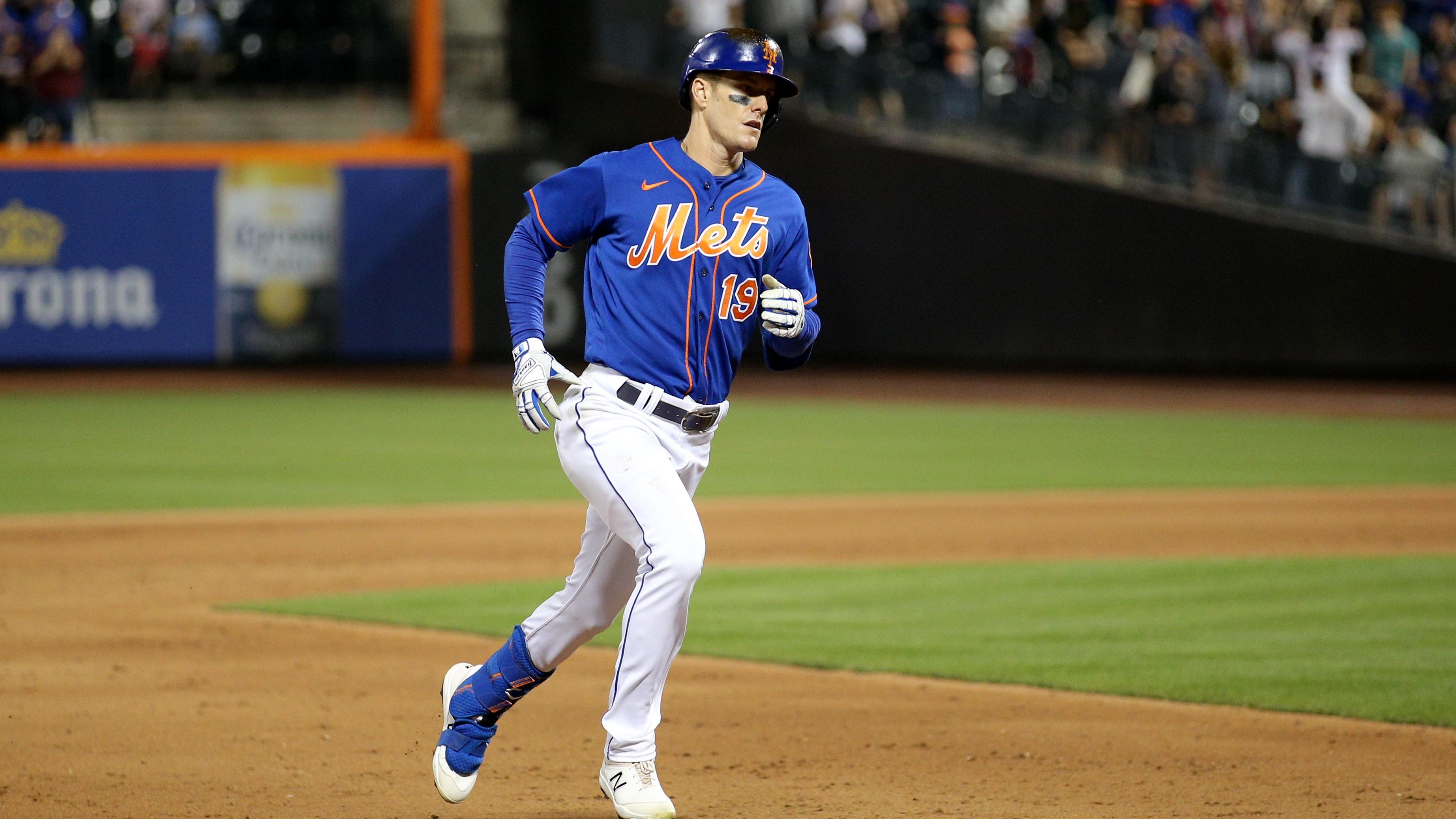 New York Mets left fielder Mark Canha (19) rounds the bases after hitting a two run home run against the Milwaukee Brewers during the fifth inning at Citi Field.