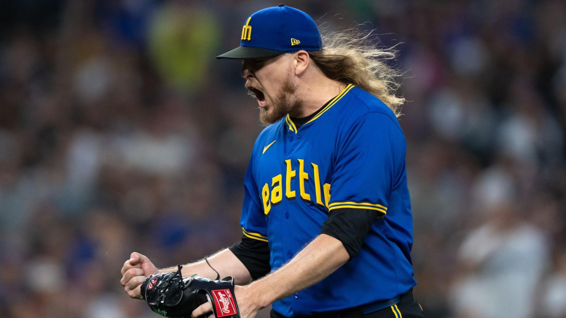 Jun 28, 2024; Seattle, Washington, USA; Seattle Mariners reliever Ryne Stanek (45) reacts after pitching the 10th inning of a game against the Minnesota Twins at T-Mobile Park.