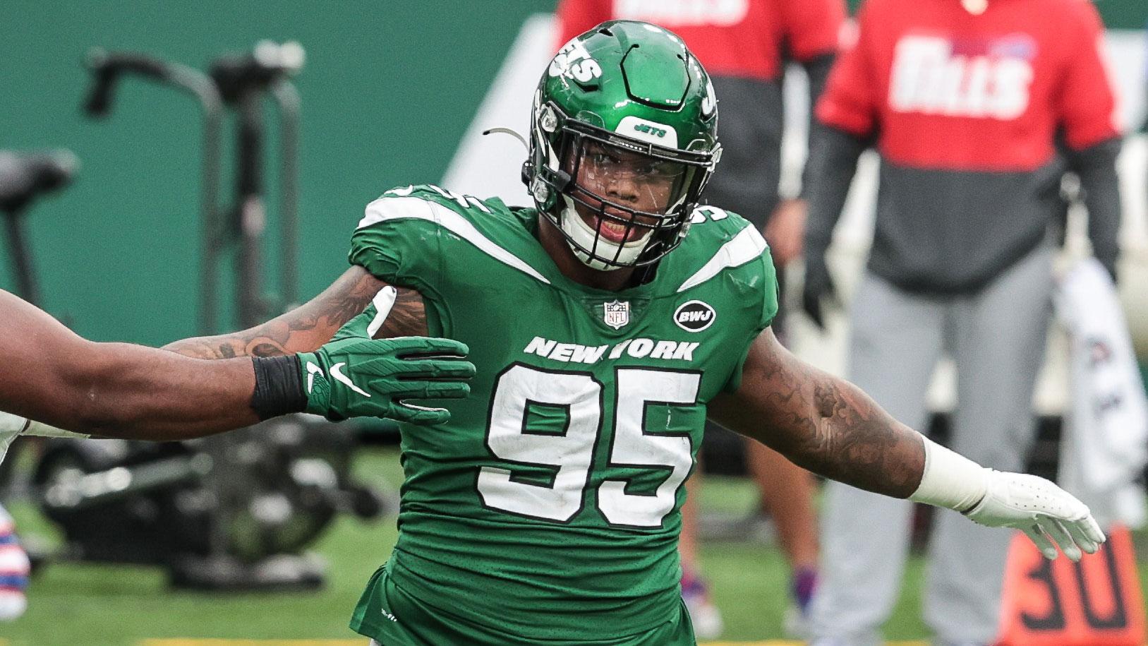 Oct 25, 2020; East Rutherford, New Jersey, USA; New York Jets defensive tackle Quinnen Williams (95) celebrates a defensive stop during the second half against the Buffalo Bills at MetLife Stadium.