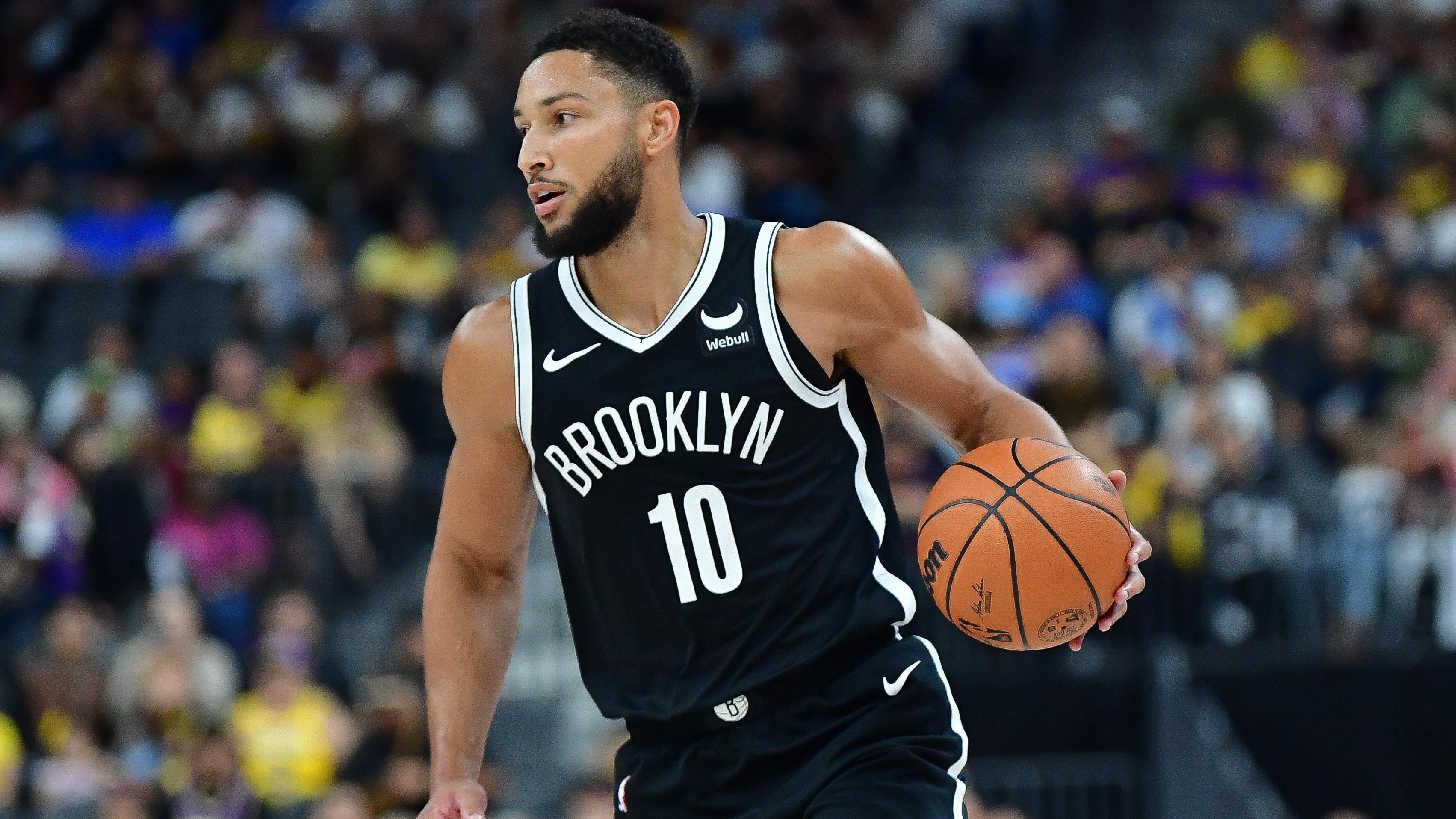 Brooklyn Nets guard Ben Simmons (10) moves the ball up court against the Los Angeles Lakers during the first half at T-Mobile Arena