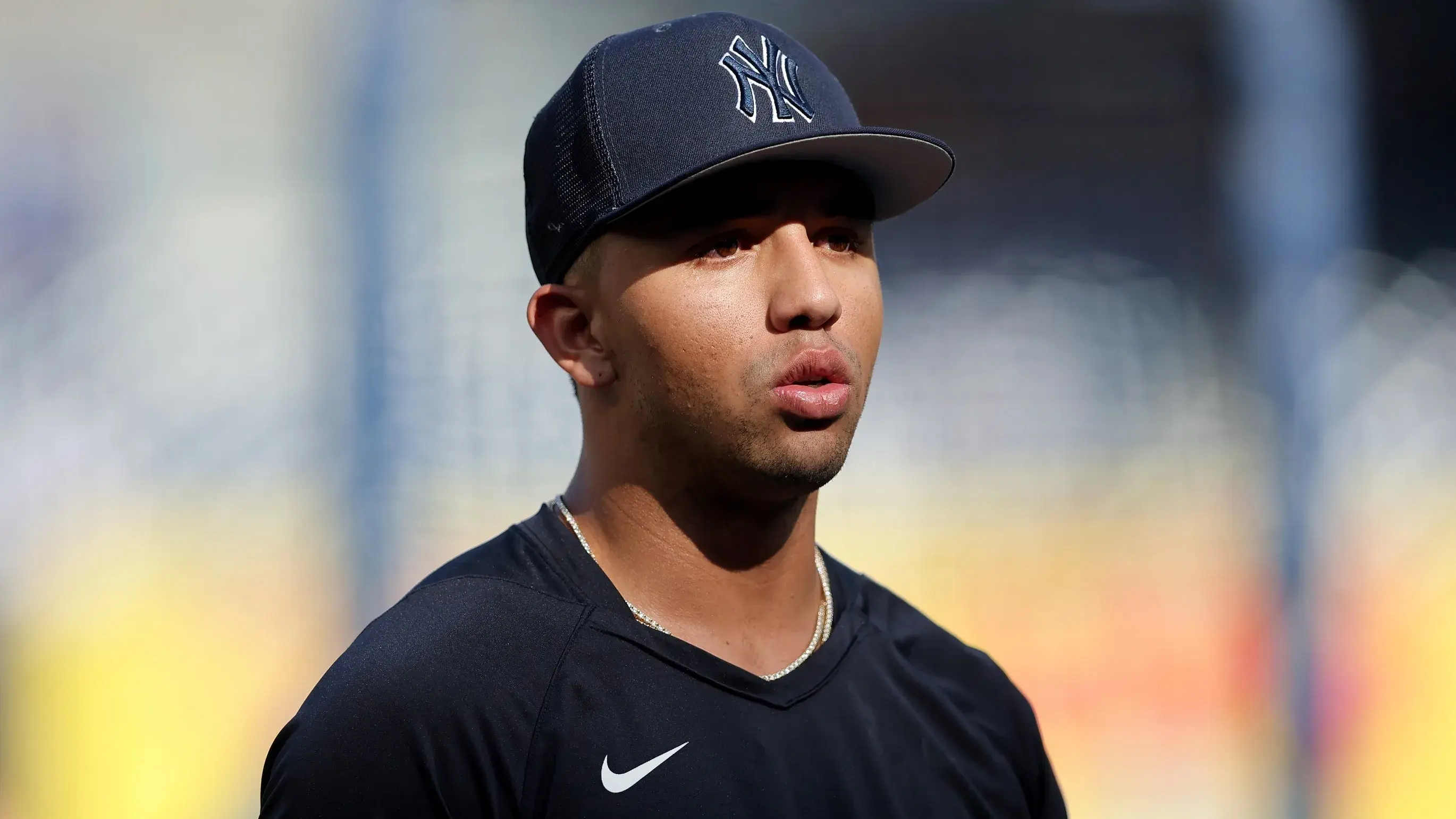 Aug 22, 2023; Bronx, New York, USA; New York Yankees third baseman Oswald Peraza (91) during batting practice before a game against the Washington Nationals at Yankee Stadium. / Brad Penner-USA TODAY Sports