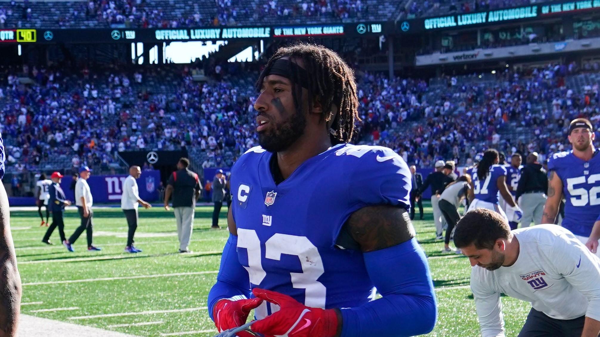 New York Giants tight end Evan Engram (88) and cornerback Logan Ryan (23) walk off the field after the Giants fall to the Falcons, 17-14, at MetLife Stadium on Sunday, Sept. 26, 2021, in East Rutherford. Nyg Vs Atl