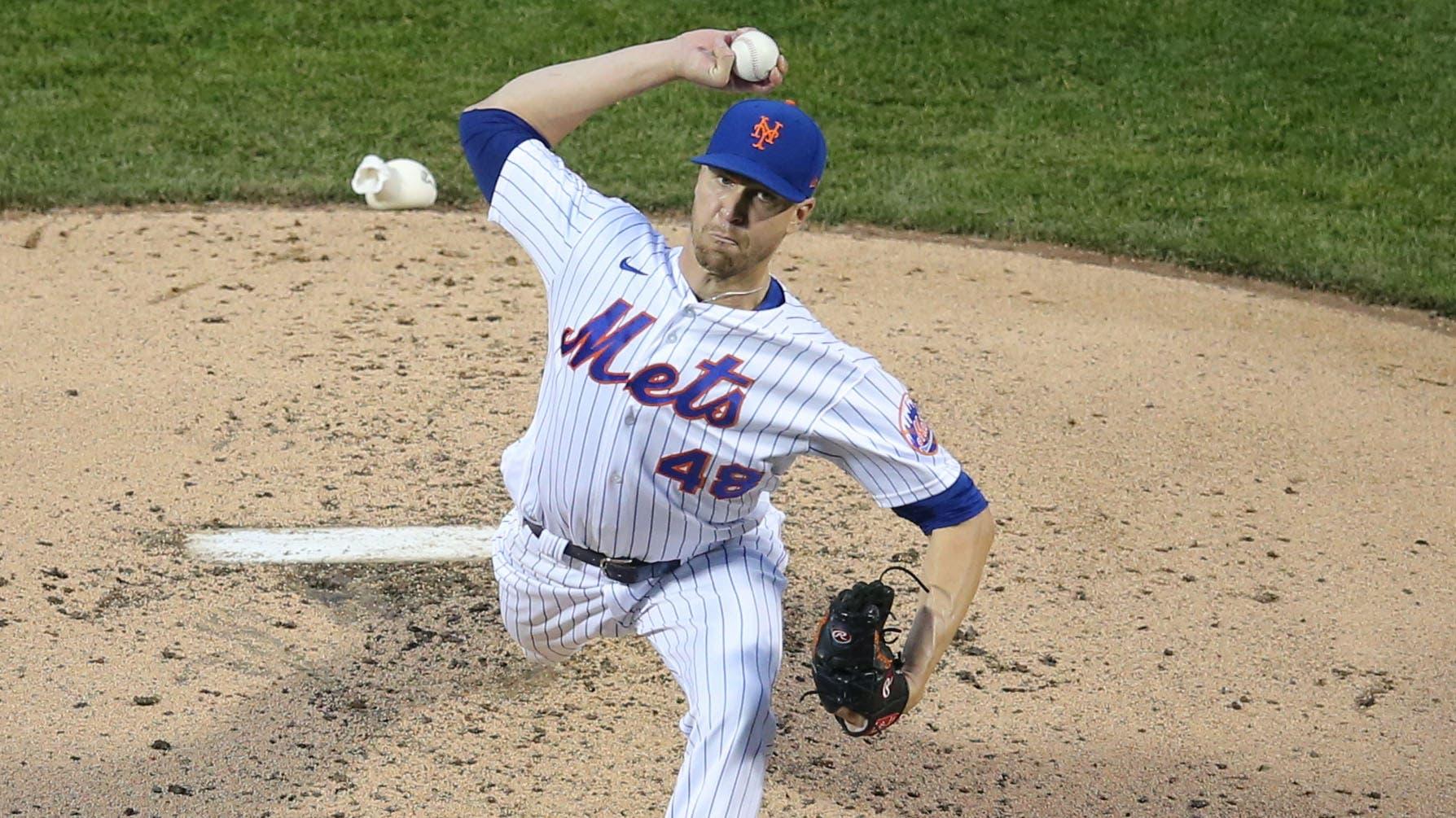 Apr 28, 2021; New York City, New York, USA; New York Mets starting pitcher Jacob deGrom (48) pitches against the Boston Red Sox during the third inning at Citi Field. / Brad Penner-USA TODAY Sports