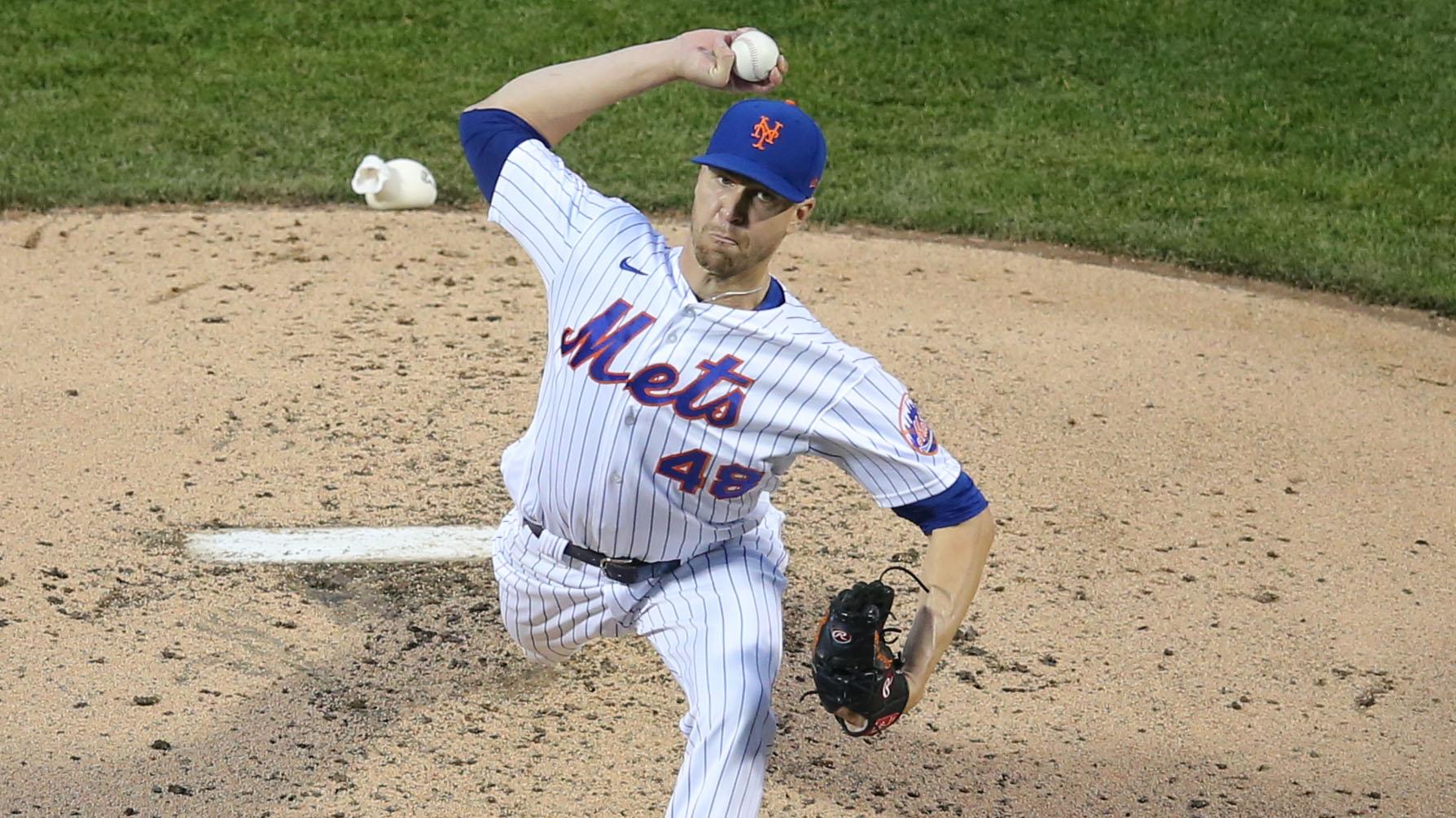 Apr 28, 2021; New York City, New York, USA; New York Mets starting pitcher Jacob deGrom (48) pitches against the Boston Red Sox during the third inning at Citi Field.