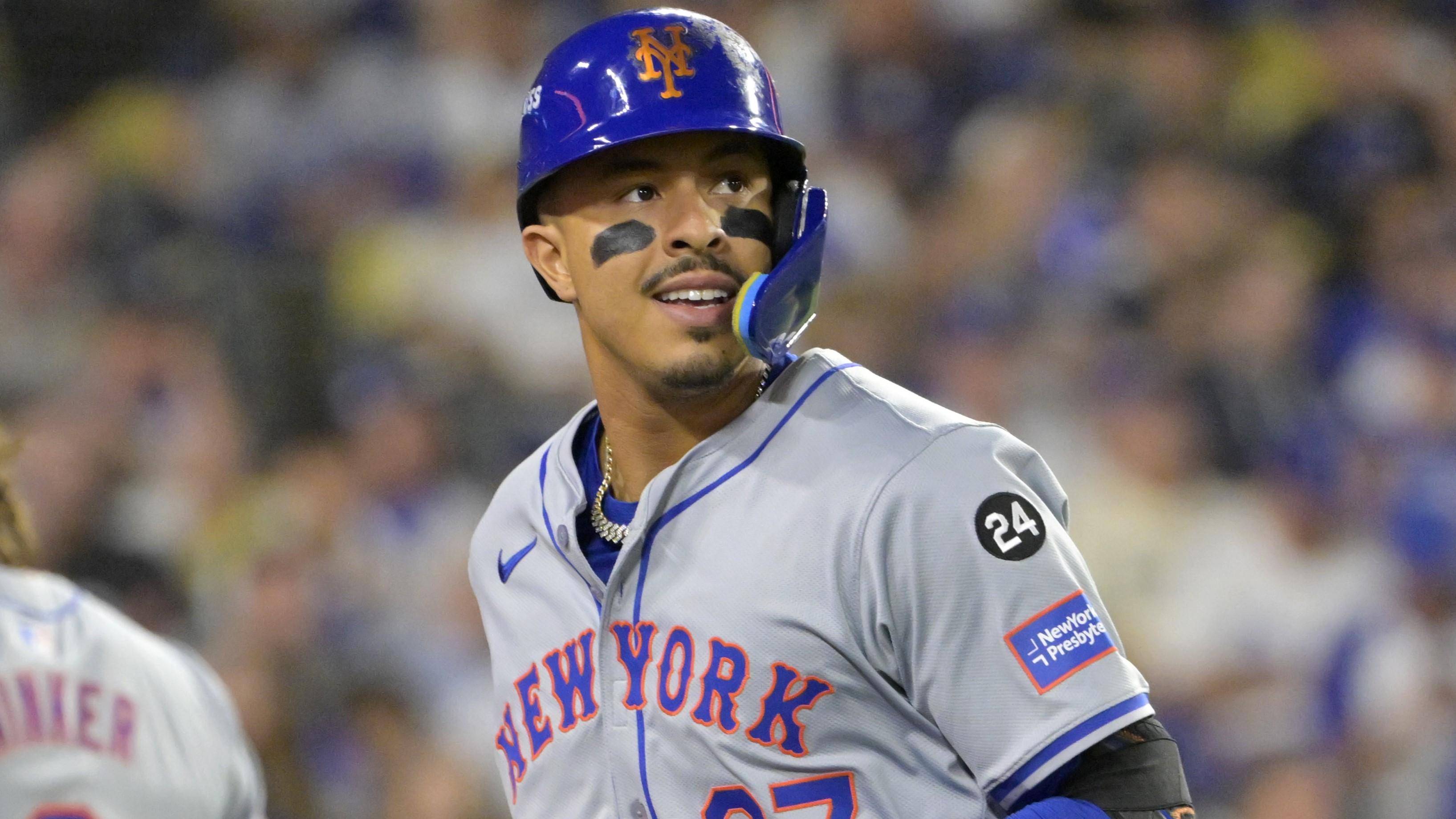 Oct 20, 2024; Los Angeles, California, USA; New York Mets third baseman Mark Vientos (27) celebrates after hitting a two run home run in the fourth inning against the Los Angeles Dodgers during game six of the NLCS for the 2024 MLB playoffs at Dodger Stadium. Mandatory Credit: Jayne Kamin-Oncea-Imagn Images