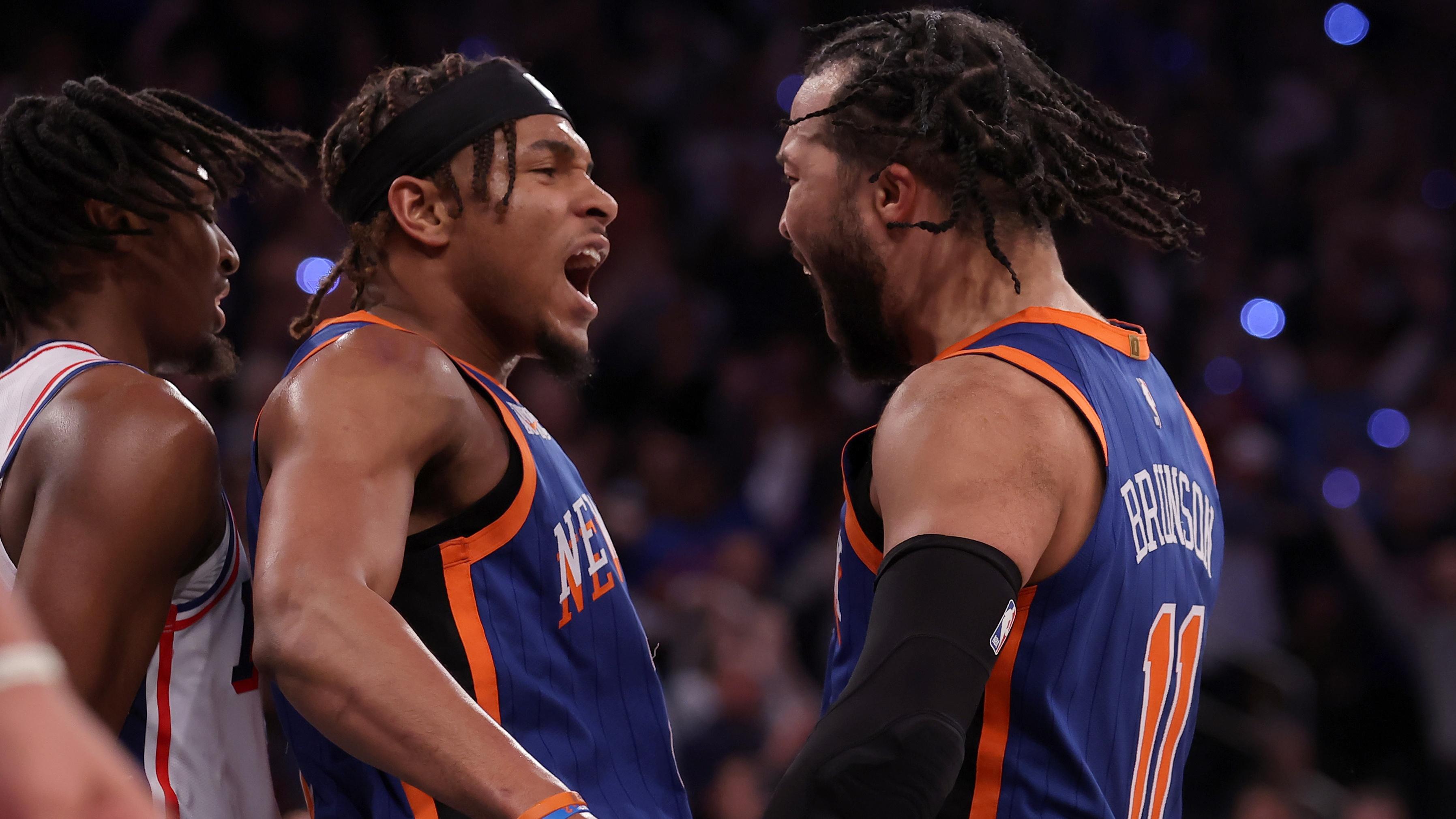 New York Knicks guard Miles McBride (2) celebrates with guard Jalen Brunson (11) during the fourth quarter of game 5 of the first round of the 2024 NBA playoffs against the Philadelphia 76ers at Madison Square Garden